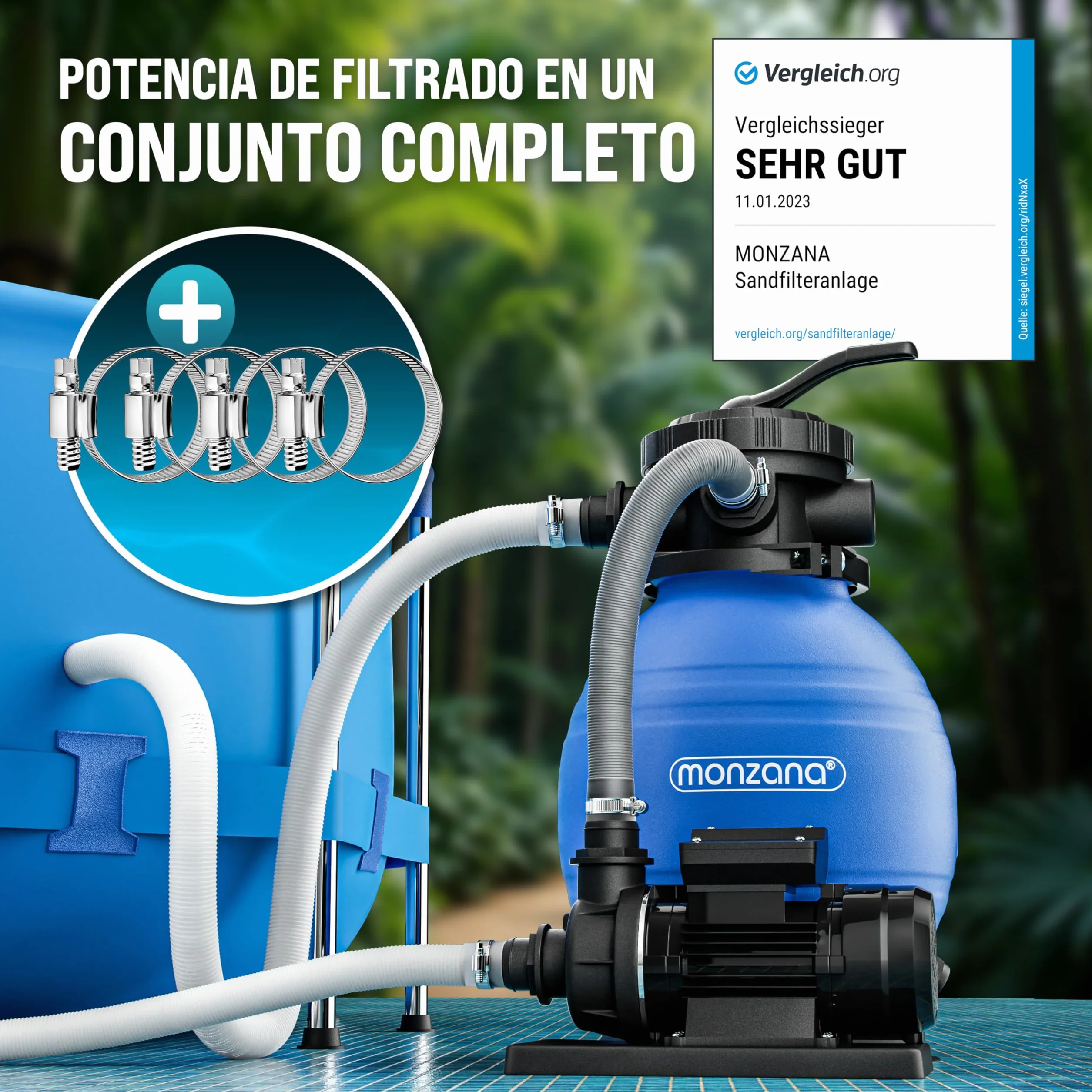 MONZANA® Depuradora Piscina 10.200 L/h Filtro de Arena hasta 35.000 L Bomba 400W Válvula 7 Funciones Filtrado Adaptador Ø32-38 mm Indicador de Presión