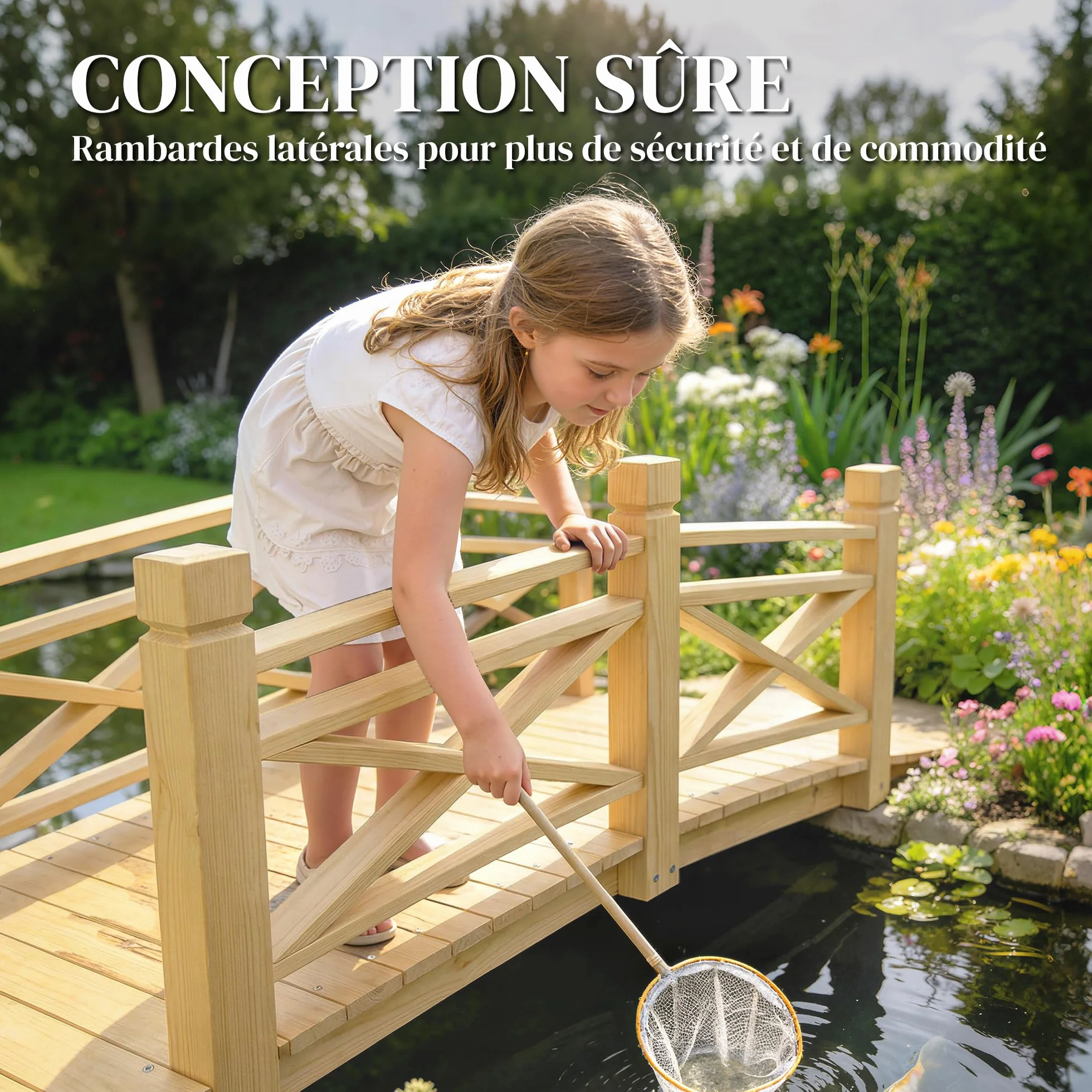Outsunny Puente de jardín de madera carbonizada arqueada 1,74 m – Pasarela con mano corredora segura y carga 200 kg – Decoración exterior tratada y resistente, natural