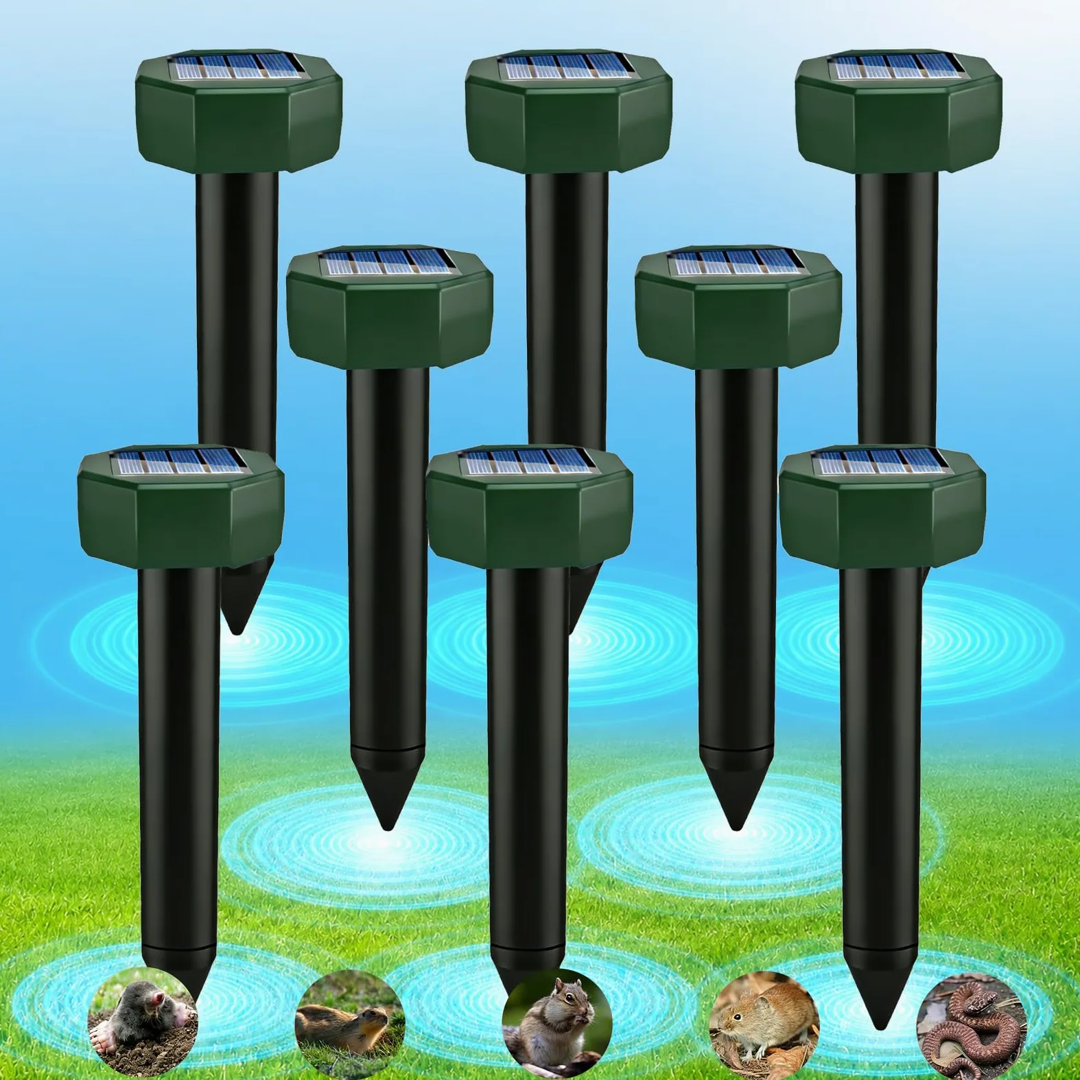Ahuyentador de Topos Solar, Ahuyentador de Roedores Solar Ultrasónico Impermeable y Resistente a la Corrosión para Ahuyentar Campañoles, Topos, Serpientes y Lagartos(8 Piezas)