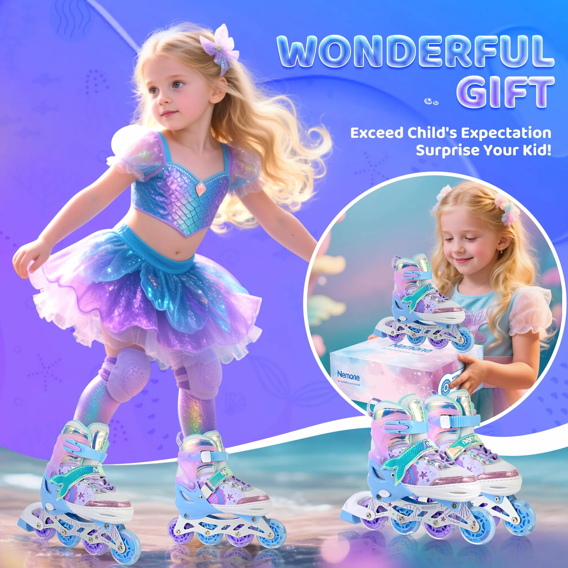 NEMONE Sirenita Patines en línea Niñas Ajustable 4 Ruedas para Niño Principiantes