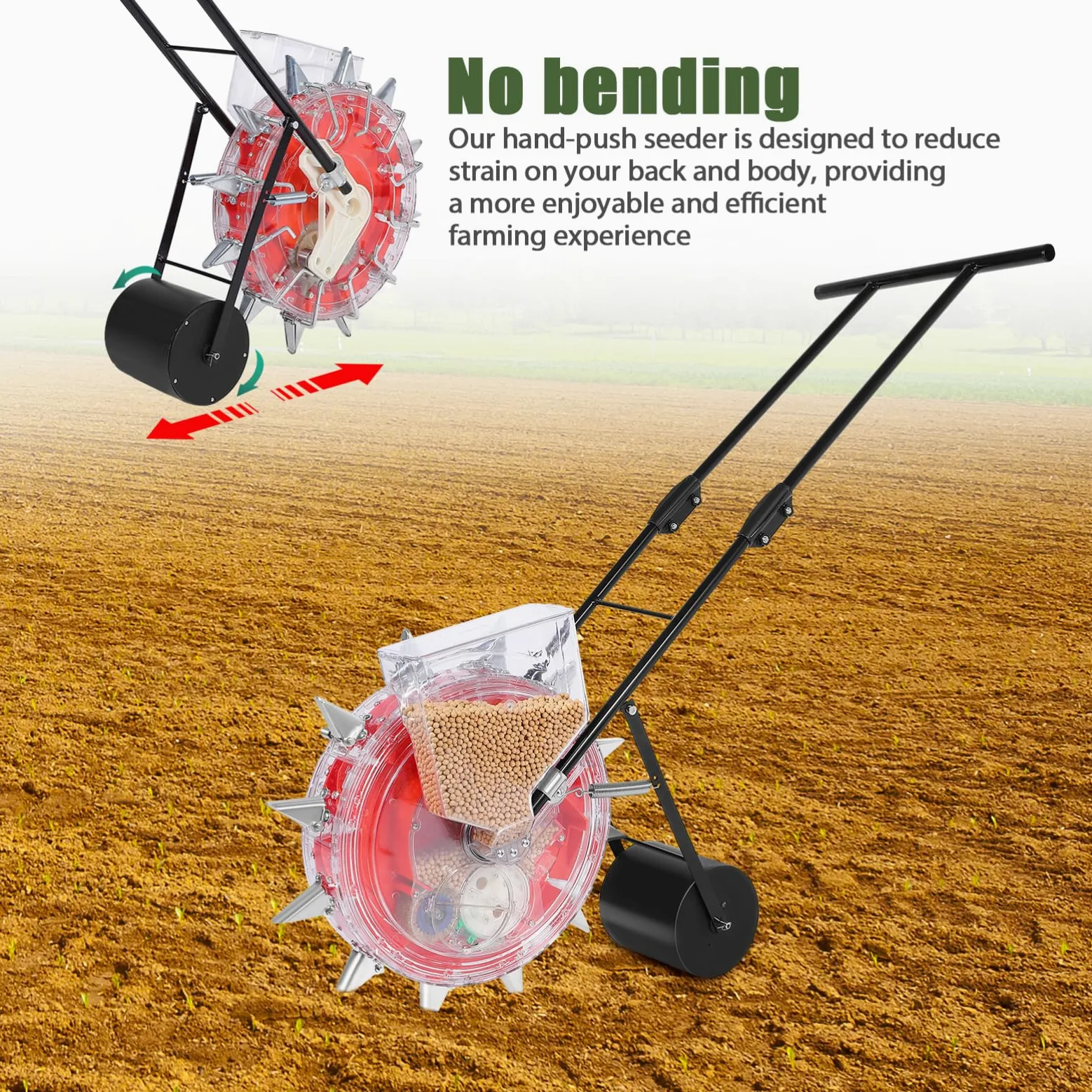 Hemobllo Sembradora Manual Rodillo de Plantación Rojo de Hierro y Plástico | Dosificador de Semillas y Fertilizante, Tecnología de Rodillo Cuantitativo, Uso Agrícola y Jardinería