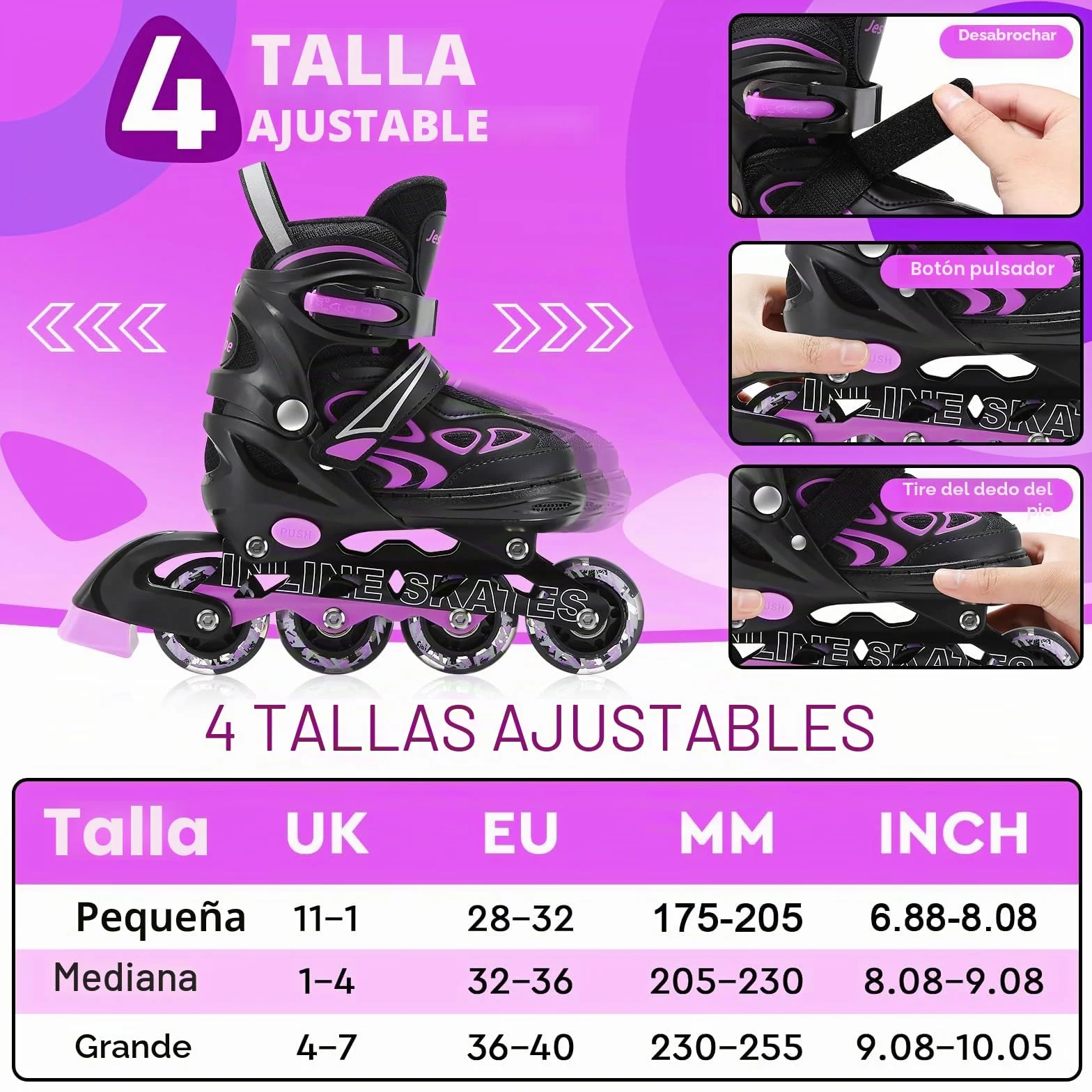 Patines en Linea Ajustables 4 Tamaños con Ruedas Que Brillan para Niños Niña Niño