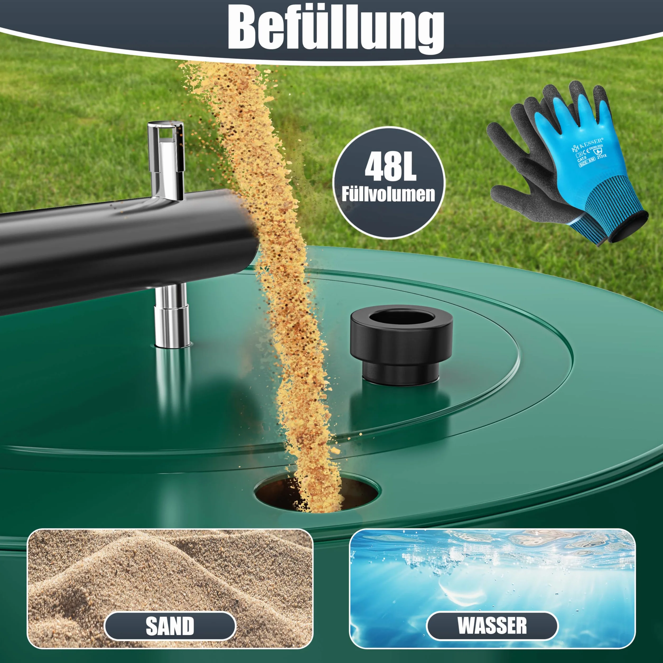 KESSER® Rodillo para césped 60 cm 48 l Volumen de llenado Metal con Deflector de Suciedad Rodillo Manual Rodillo para césped Rodillo de jardín Rodillo agrícola Rodillo rellenable 60 kg, Verde
