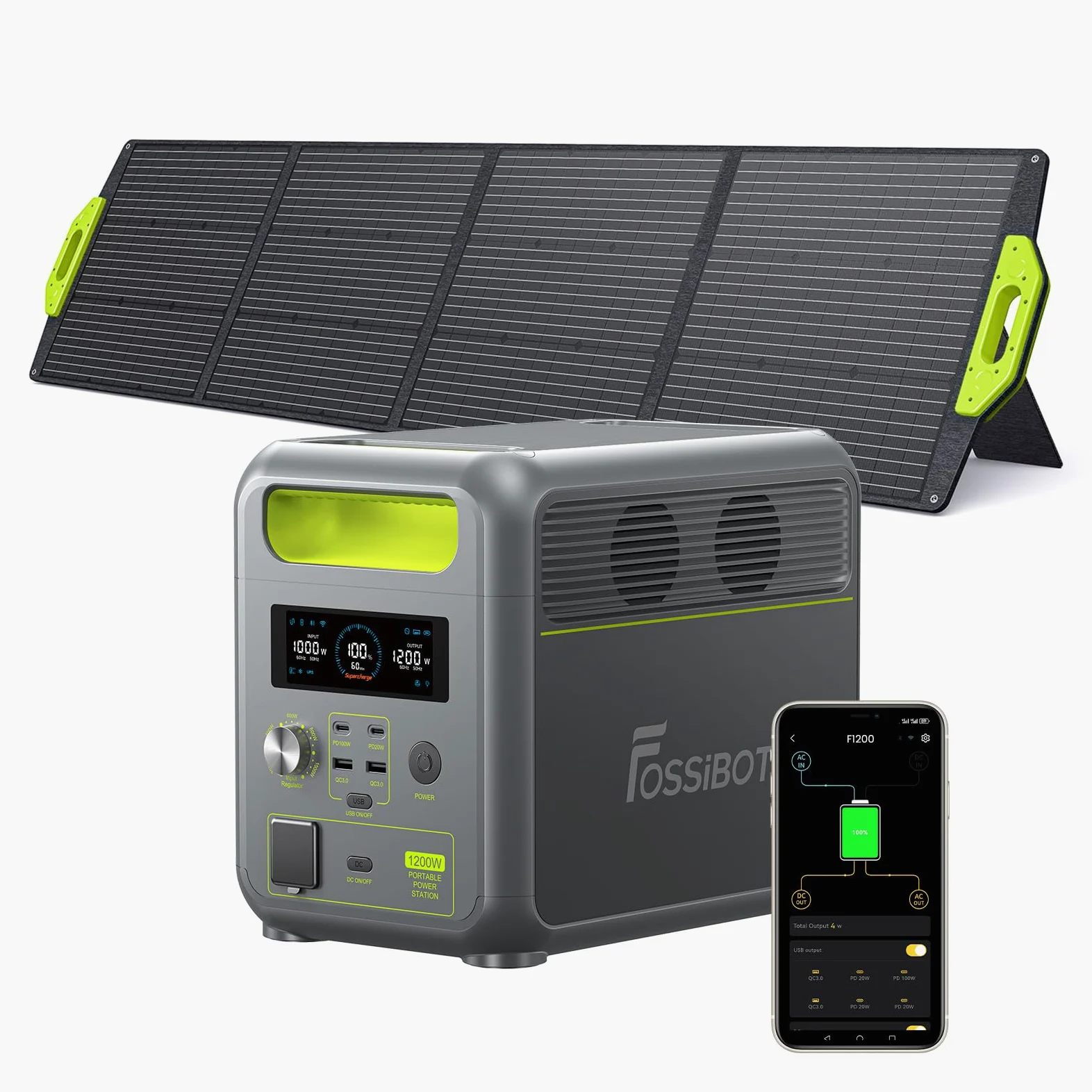FOSSiBOT Estación de Energía Portátil F1200 1024Wh con Panel Solar 200W, Batería LiFePO4 1200W, Carga Rápida CA/Solar 0-80% en 49 Min, Control App, para Hogar, Exteriores, Emergencia