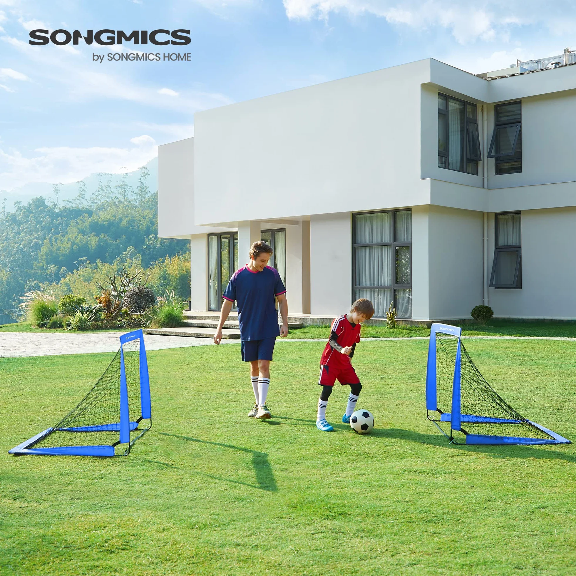 SONGMICS Porterías de Fútbol Plegables para Niños, Fibra de Vidrio Elástica, Tela Oxford, Juego de 2