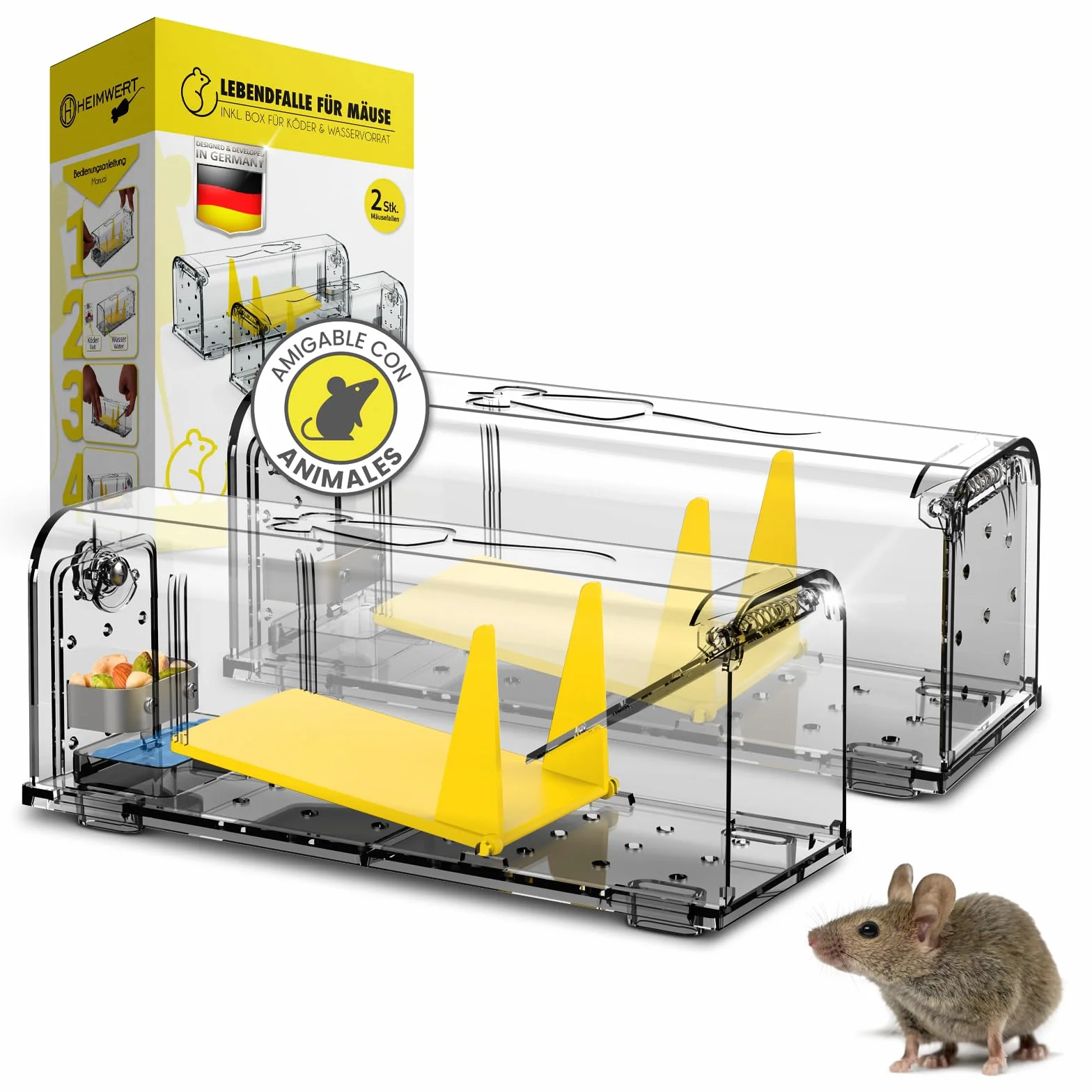 HEINWERT Trampa Para Ratones en Vivo con Depósito de Agua + Caja de Cebo para Ratones + Ventilación. Ratoneras para Ratones con Salida de Liberación Rápida sin Contacto. 2 Juegos de Cepos para Ratones