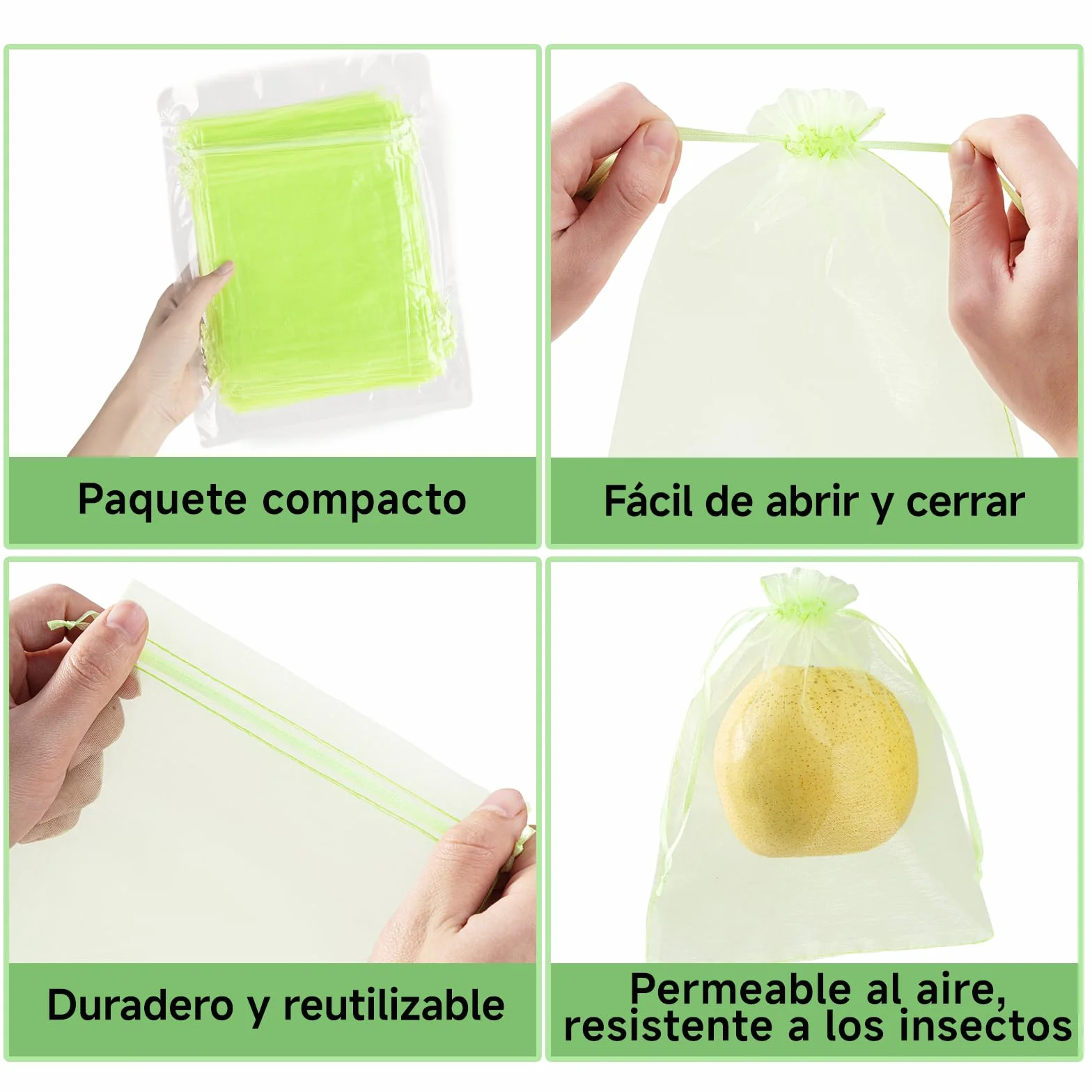 50 Bolsas Protectoras para Uvas con cordón de 15×20 cm, Bolsas de Fruta Reutilizables de Organza en Malla Verde, Red antipájaros para el huerto