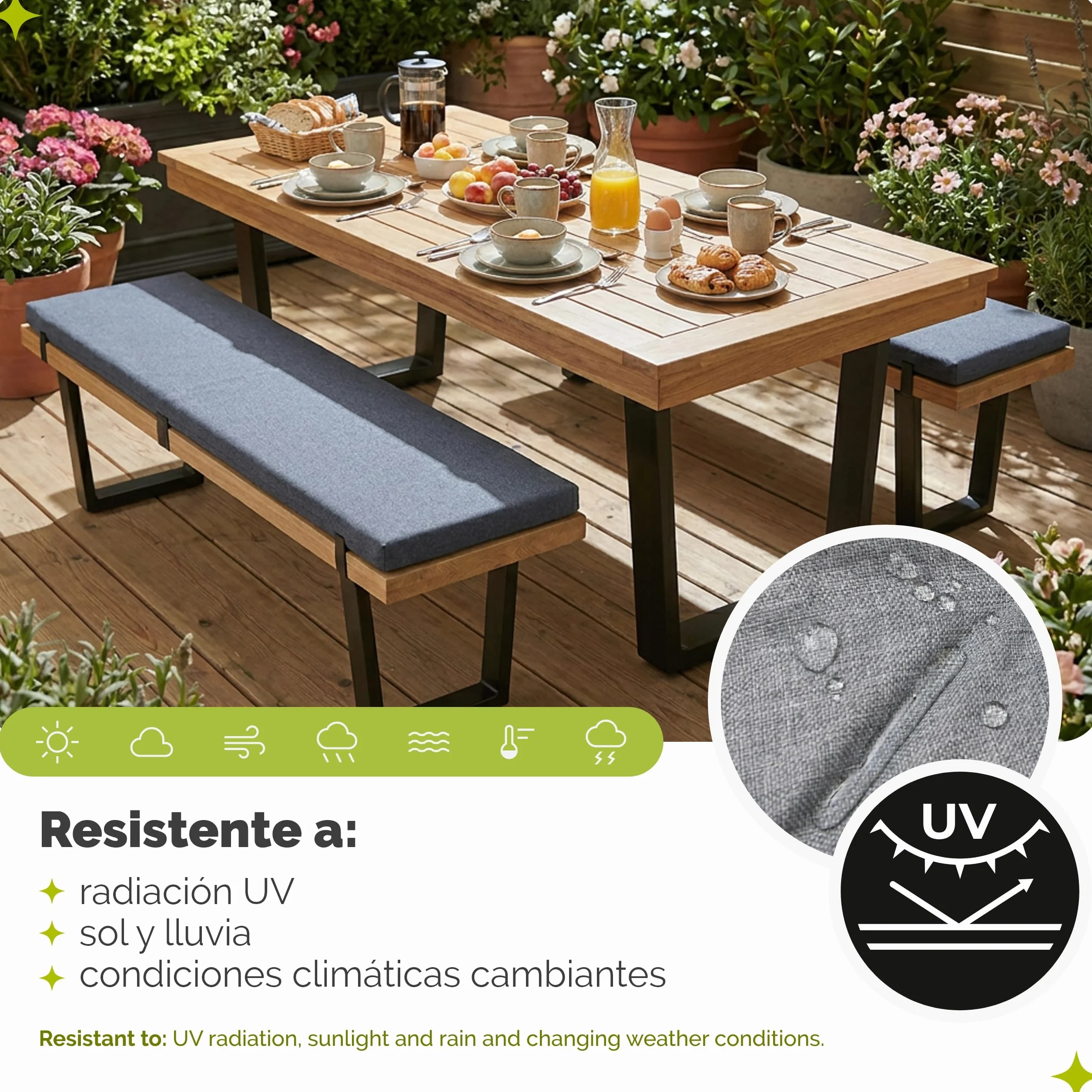 Garronda Cojín Impermeable para Banco 100x40 cm Aprox 4 cm Grosor Asiento Exterior para Banco de jardín y Columpio Acolchado Resistente UV con Cintas Gris Claro GD-0220