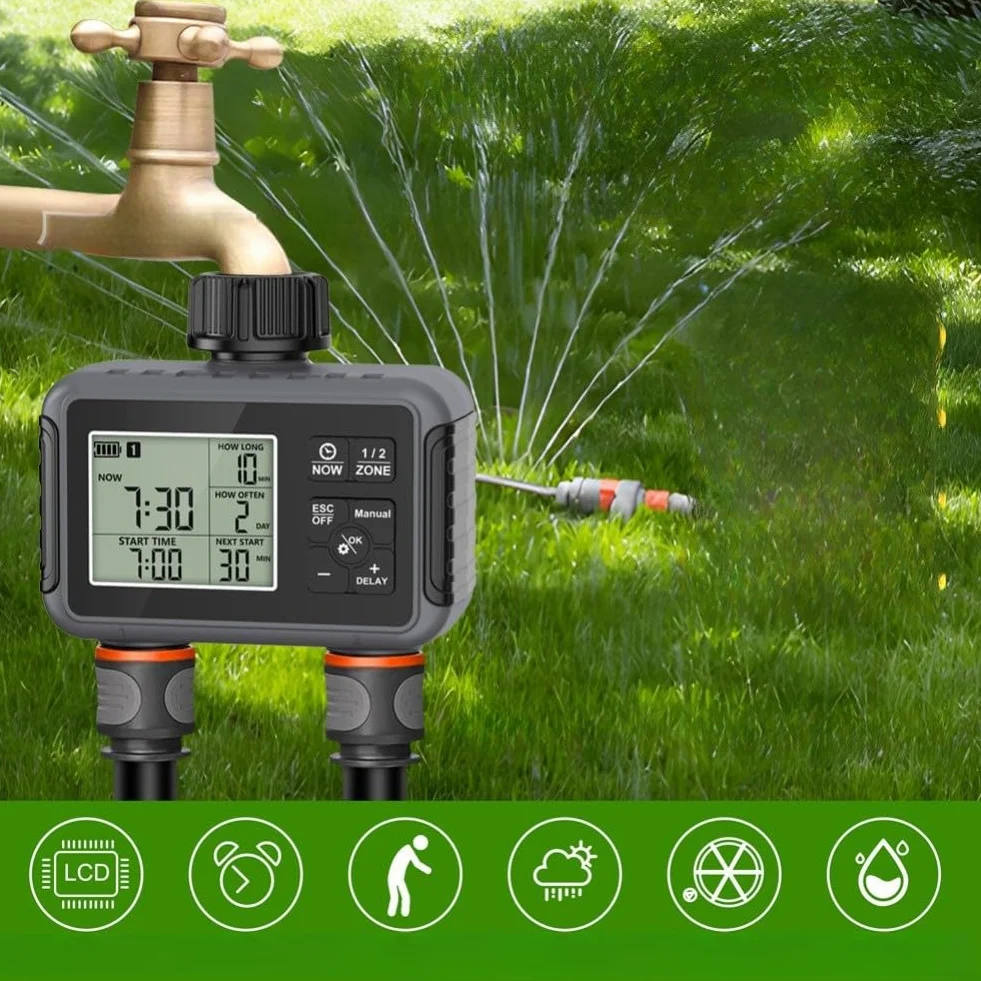 Temporizador de agua programable para grifo de jardín con configuración de entrada y salida de zonas duales independientes y capacidad de anulación manual