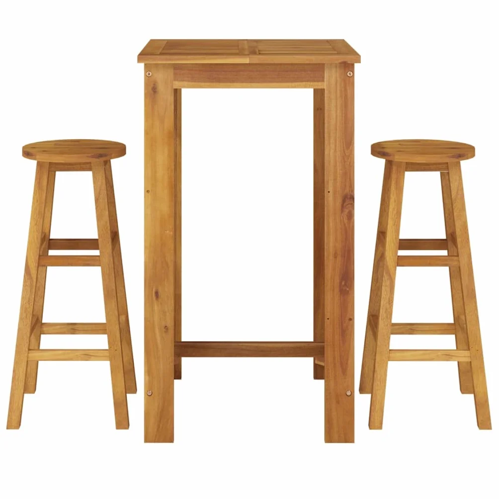 vidaXL Mesa y Taburetes Altos de Jardín 3 pzas, Juego de Muebles de Bar, Mesa Sillas Altas, Mesita Asientos Exterior, Madera Maciza Acacia