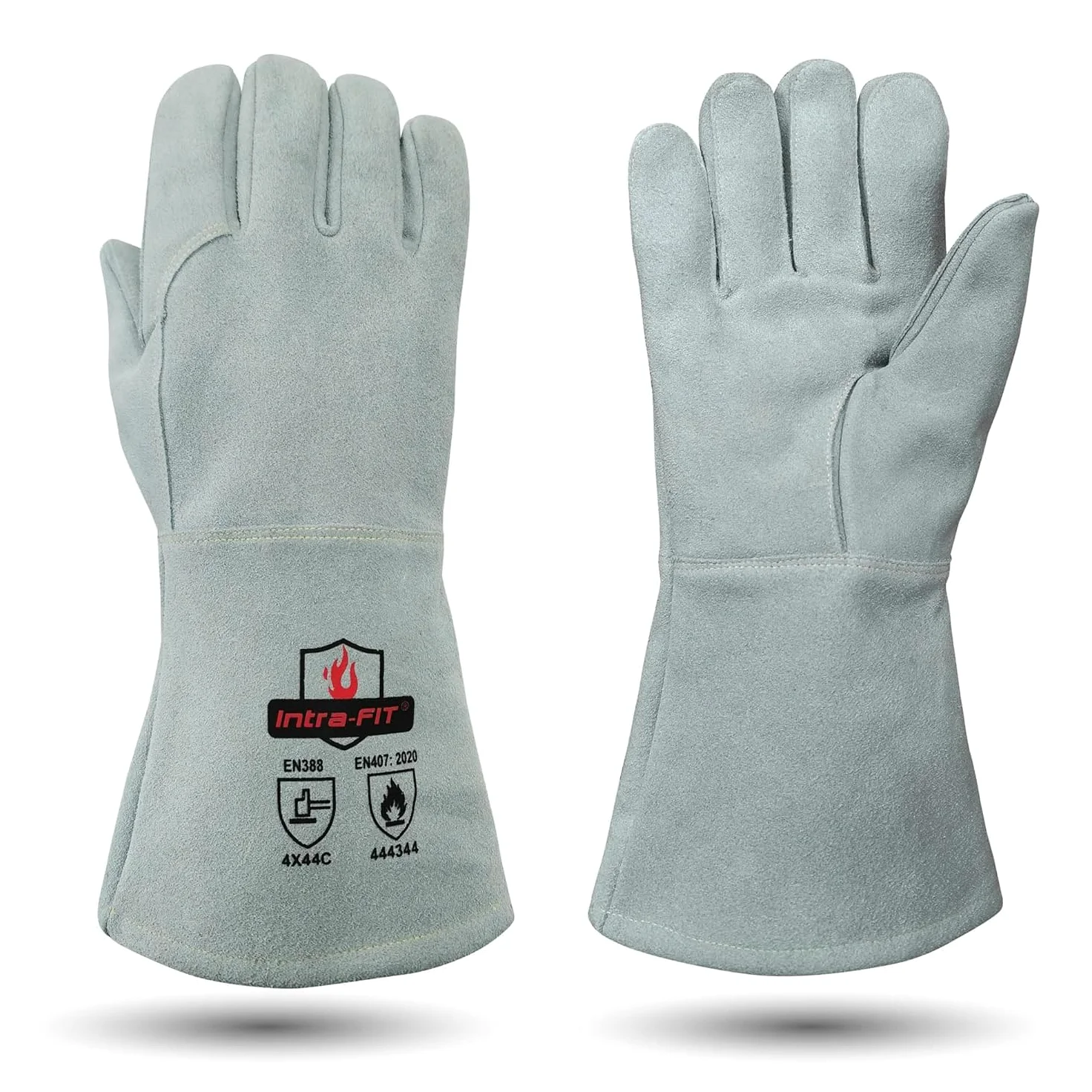Guantes de piel para barbacoa, guantes para chimenea, resistentes al calor hasta 500 °C, piel de vacuno ignífuga, EN407 y EN388, calentadores largos para horno, chimenea, soldadura, forja