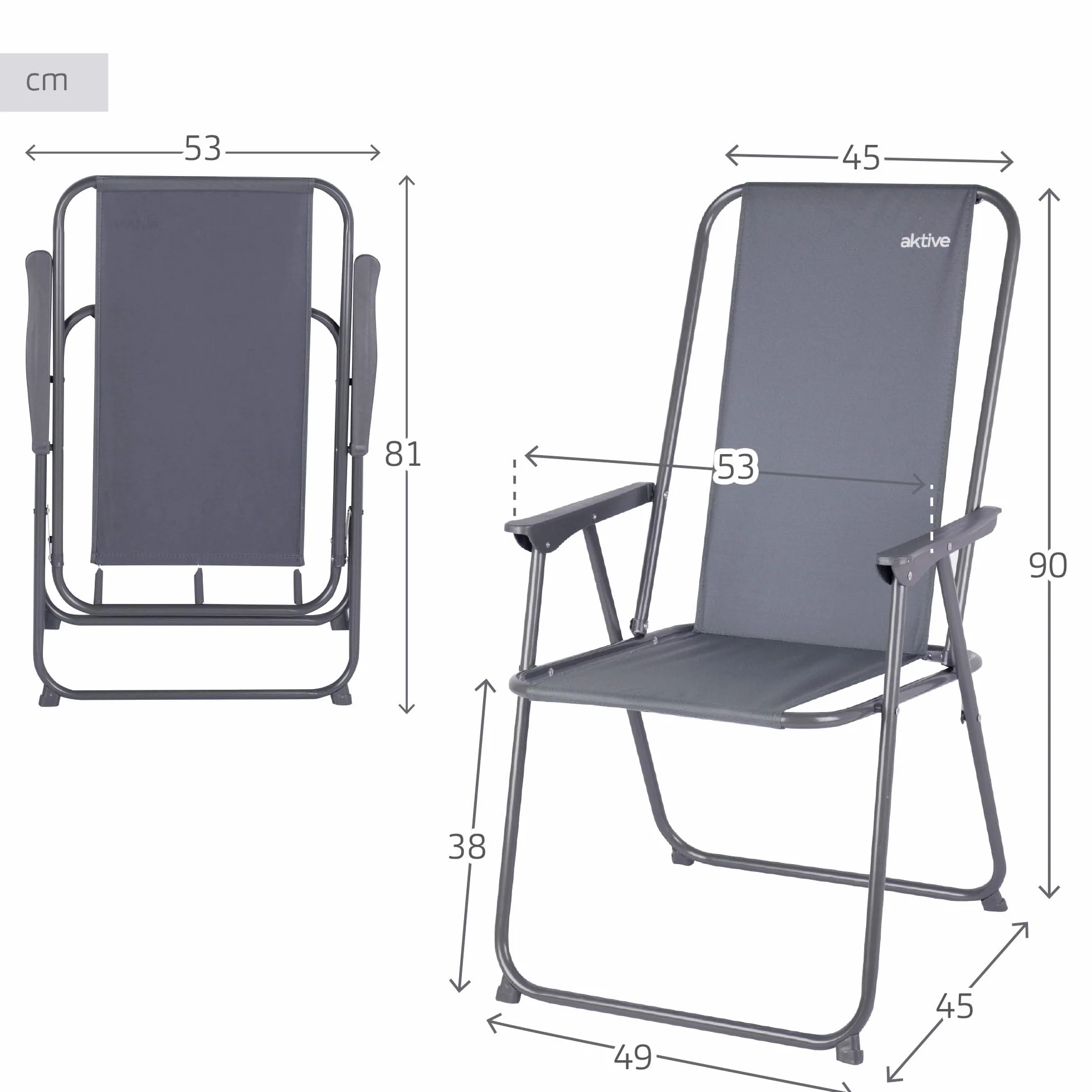 AKTIVE Silla Camping Plegable, 44x44x88 cm, Color Gris, Incorpora topes antivuelco, Soporta 110 kg, Estructura Acero, Tejido poliéster, Reposabrazos plástico, Sillas Plegables (63062)