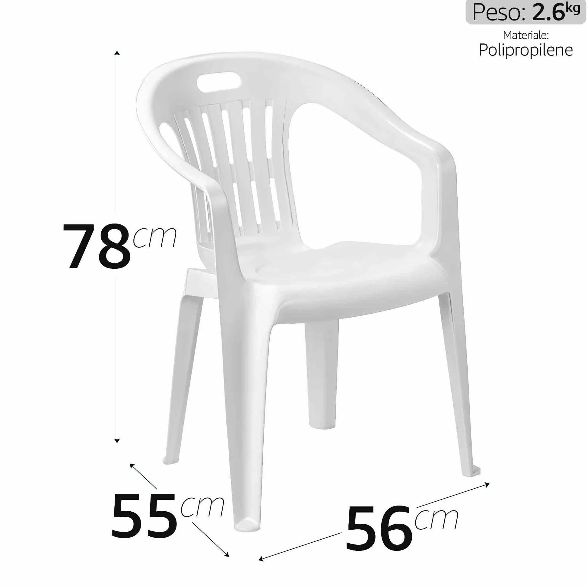 Sicignano | Silla de jardín de plástico, sillón Piona, silla con reposabrazos de exterior, con respaldo bajo, apilable, ligera, fácil de limpiar, 56 x 55 x 78 (h) cm (1, blanco)