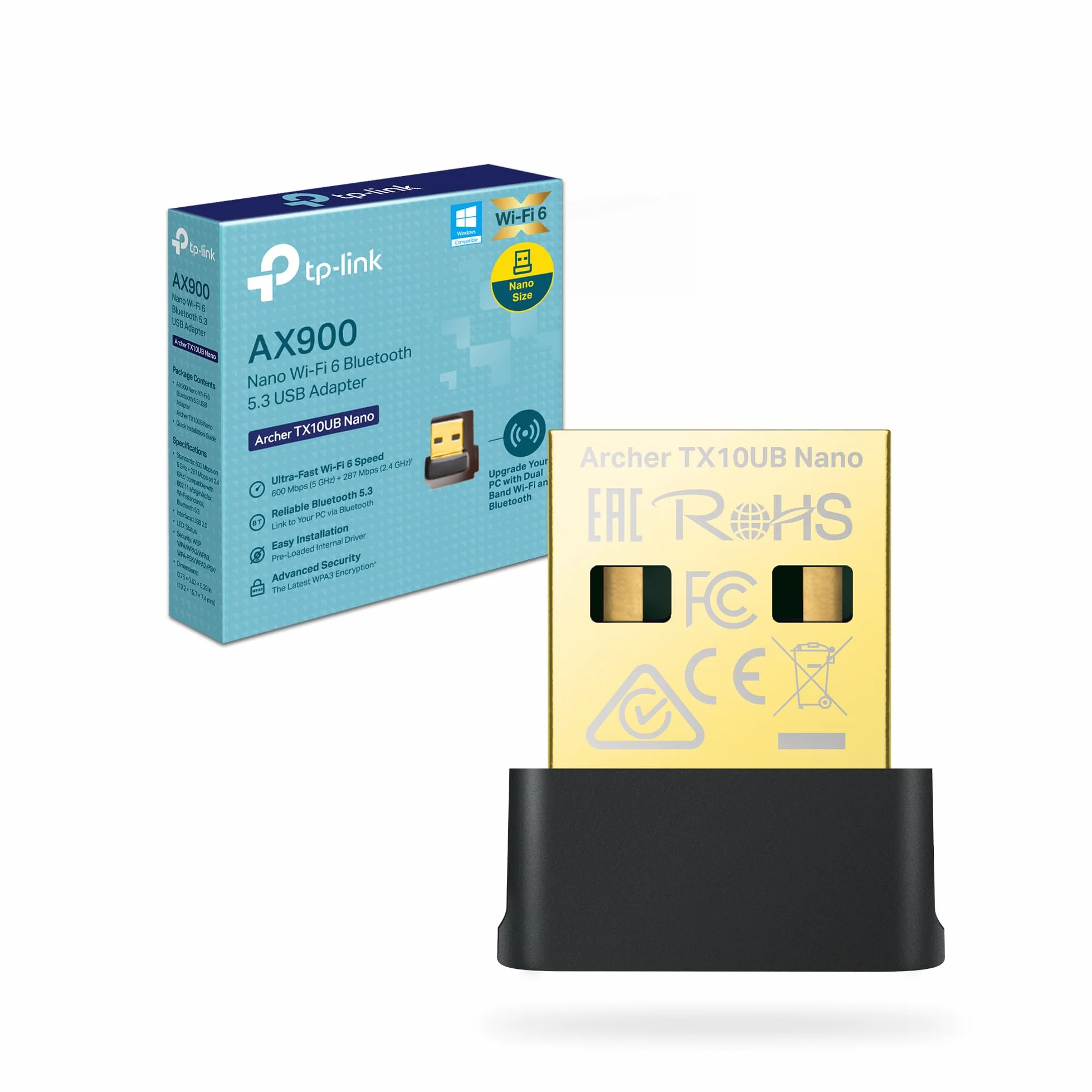 TP-Link Archer TX10UB Nano WiFi Bluetooth Adaptador PC, Wi-Fi 6 AX900 Dual Band WLAN Stick, Bluetooth 5.3, Nano tamaño, WPA3, MU-MIMO