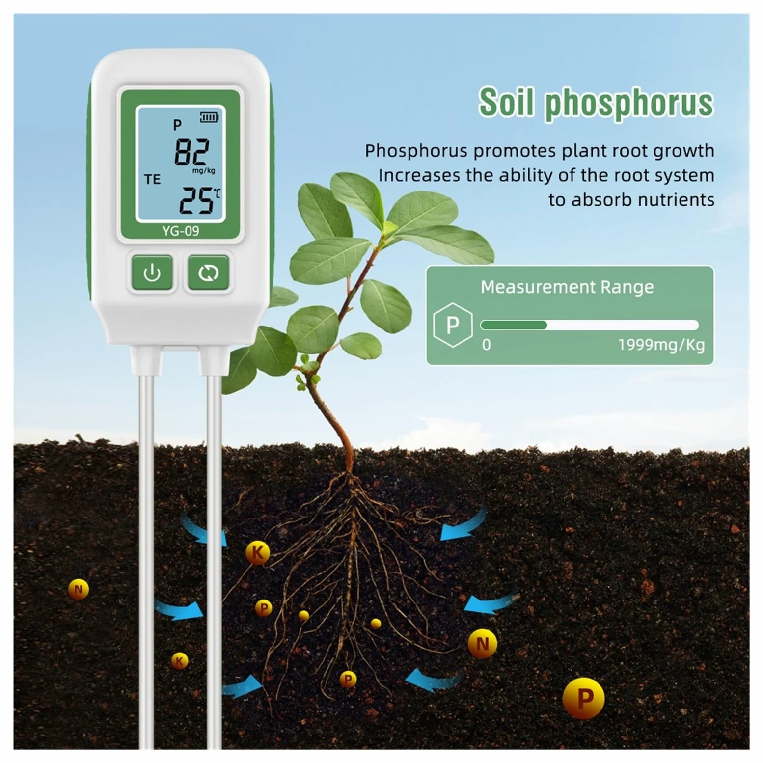 Medidor de humedad del suelo, Analizador de suelo con doble aguja, detector de nitrógeno, fósforo y potasio, comprobador de fertilidad for jardín. Para jardinería y agricultura