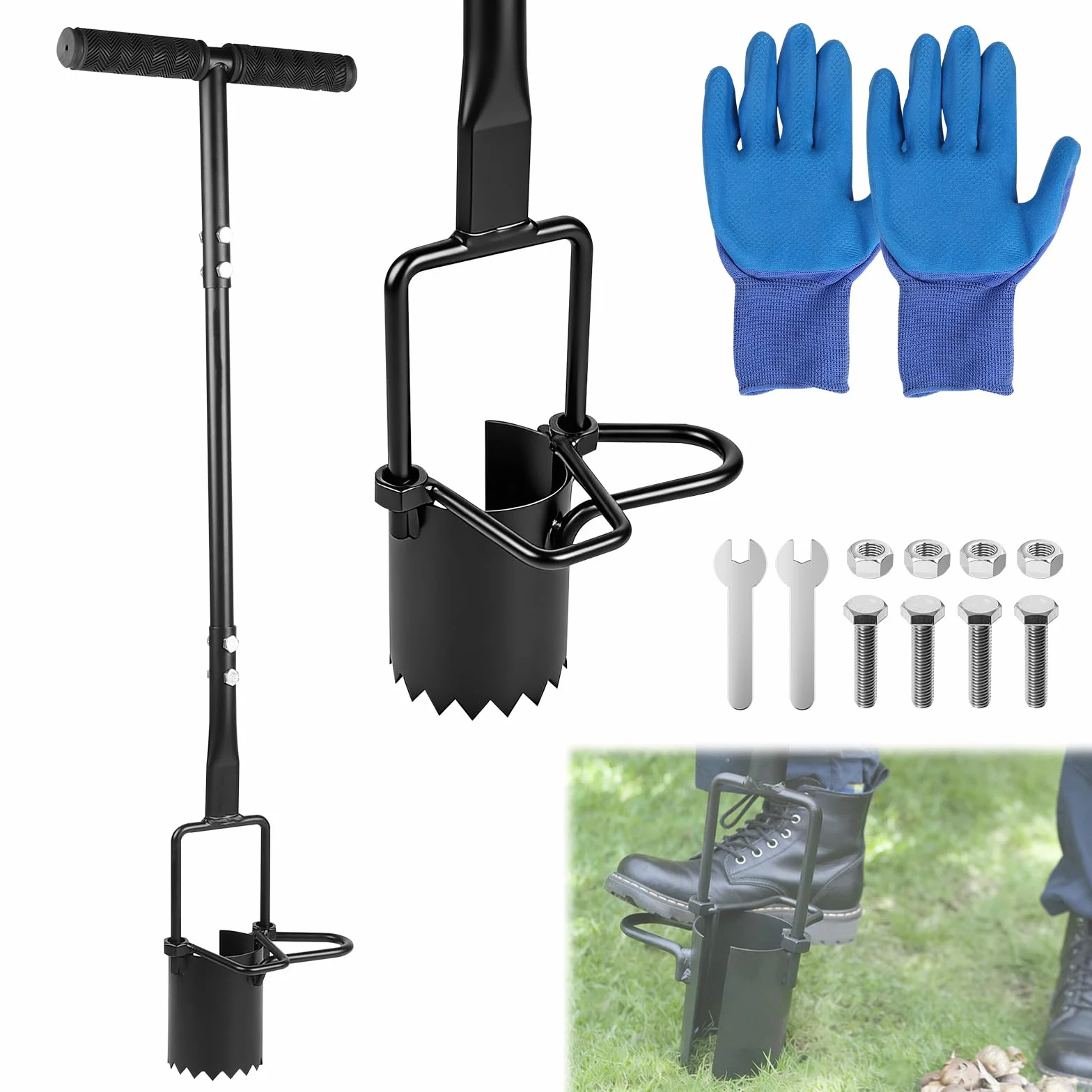 EXLECO Plantador de Bulbos 94 cm, Herramienta Jardinería Manual con Soporte para Pisar y Borde Dentado