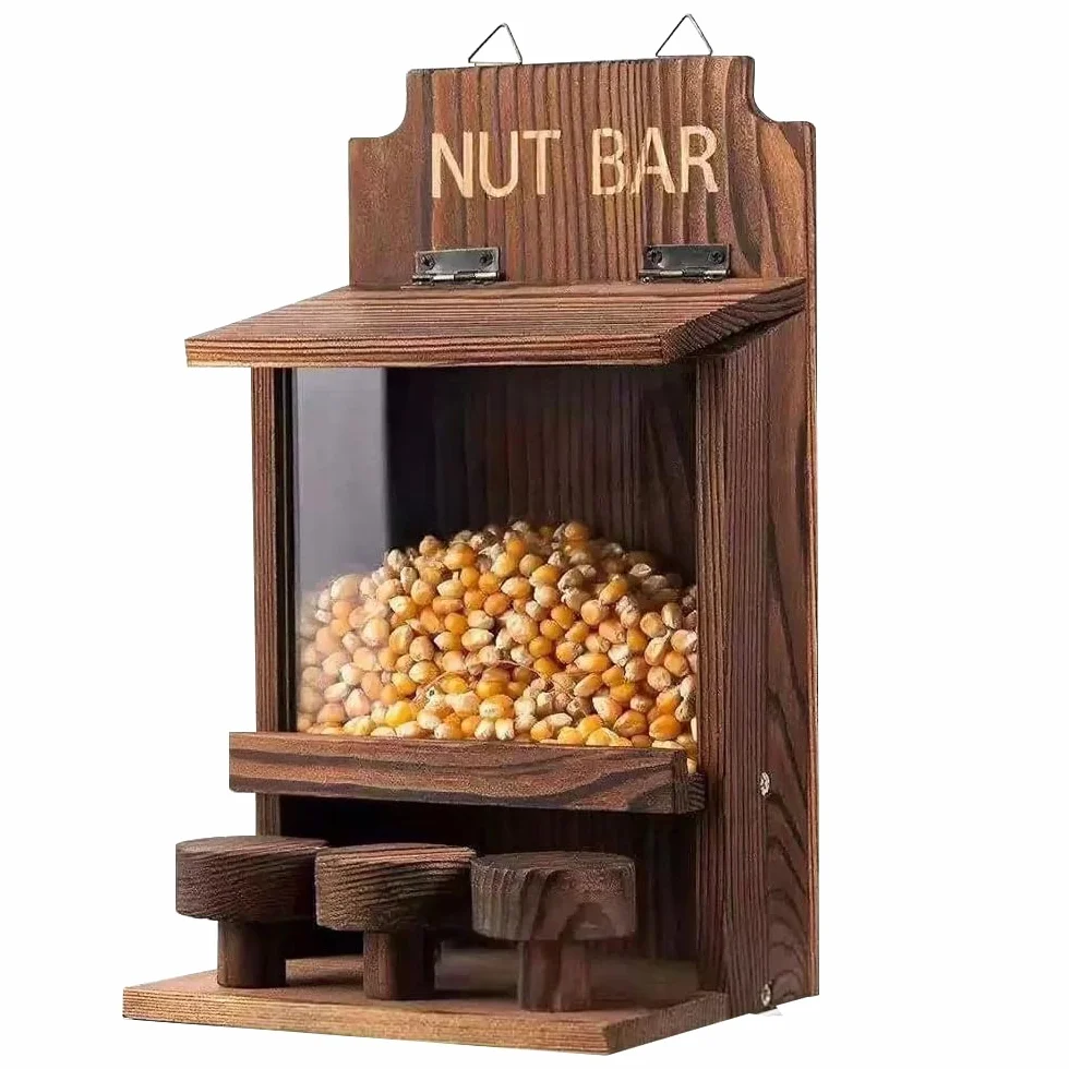 NAVESO Comedero de madera para ardillas, caja de anidación para maíz, cacahuetes, comedero de ardillas solo para ardillas, caja de casa de ardillas para jardín exterior, patio, decoración de porche