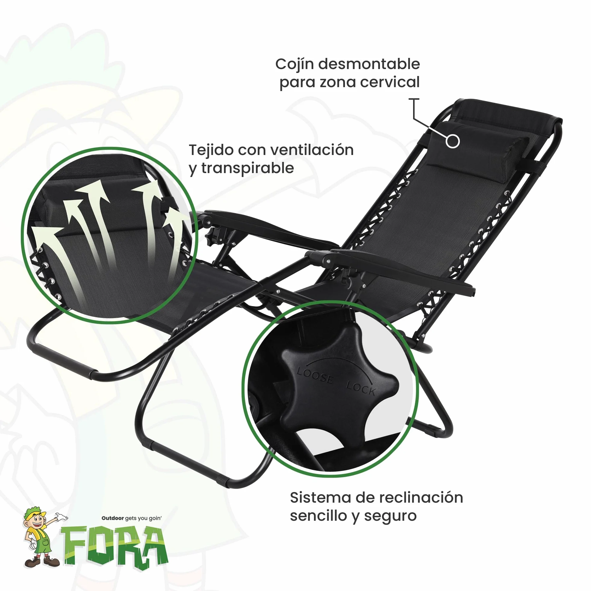 FORA Pack 2 Tumbonas Jardín Exterior Plegables – 176×67×110 Cm, Tubo 25mm y Tejido Transpirable, Color Negro, Reclinables con Bloqueo de Seguridad, Cojín Incluido, Plegado Rápido, 120Kg