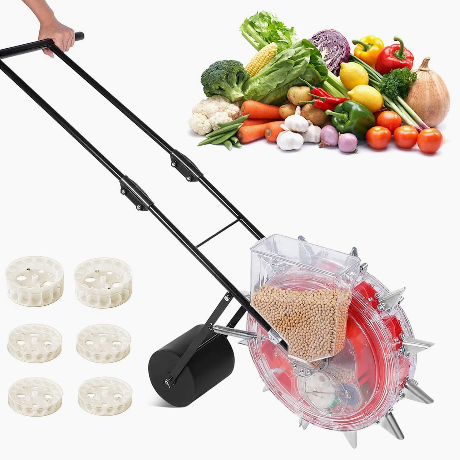 Sembradora de semillas, sembradora de césped manual con 12 boquillas y 6 ruedas de semillas, profundidad ajustable de 3,5 a 7,8 cm y espacio para maíz, soja, cacahuete, semillas de verduras de 3 a 15