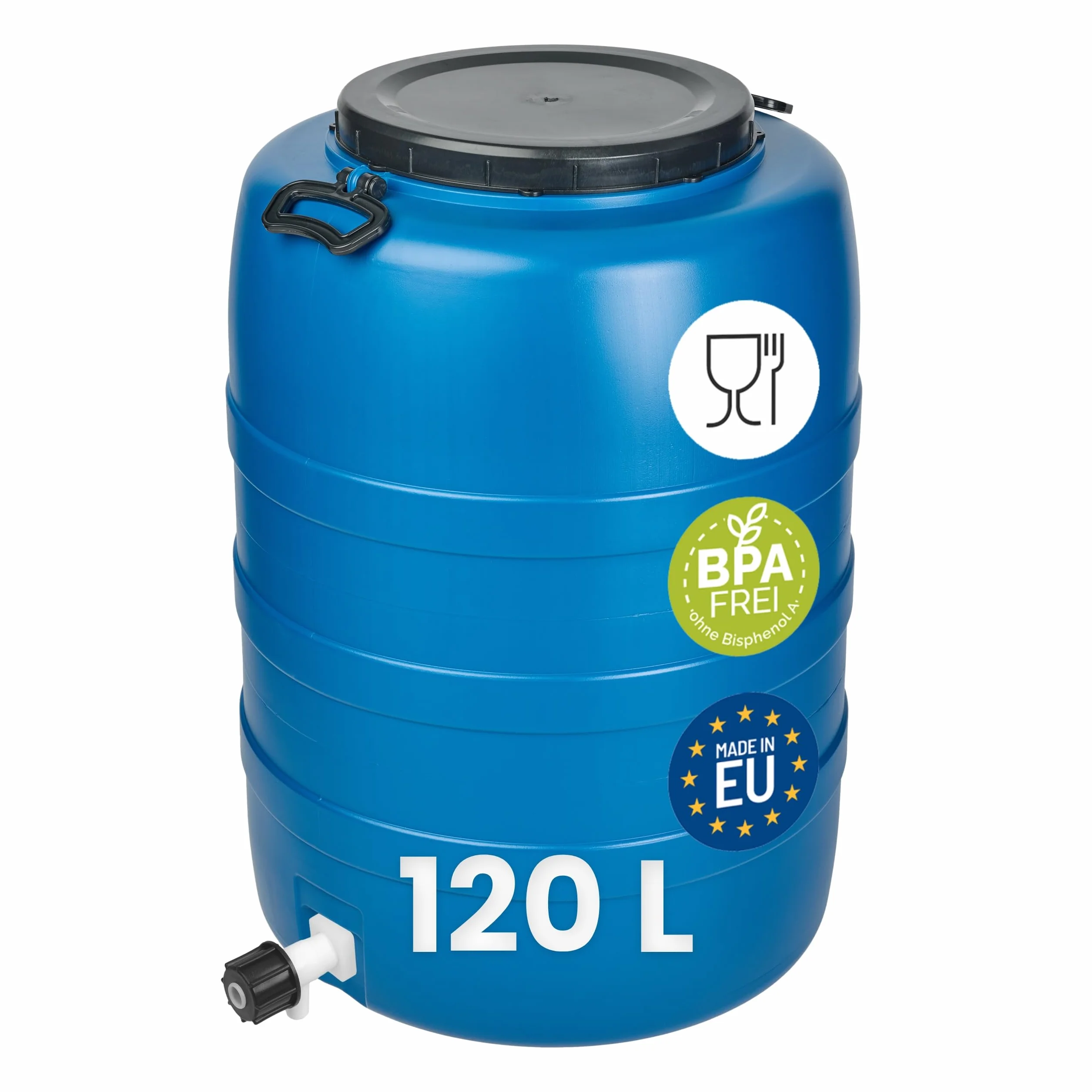 Garronda 120 L con Grifo Bidon Agua Barril de Plástico HDPE con Grifo como Contenedor y Deposito Agua y Alimentos para Almacenamiento, Fermentación y Recogida de Lluvia GD-0186 Azul