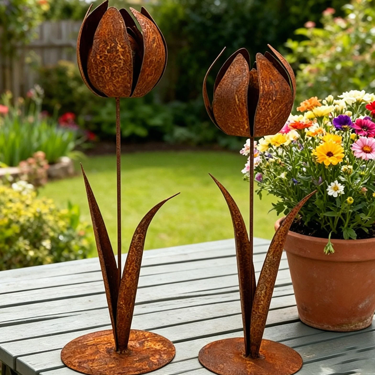 PANGBOER Retros Styles - Tulipanes de metal oxidado para patio, resistente a la intemperie, estaca decorativa a prueba de óxido, escultura de hierro
