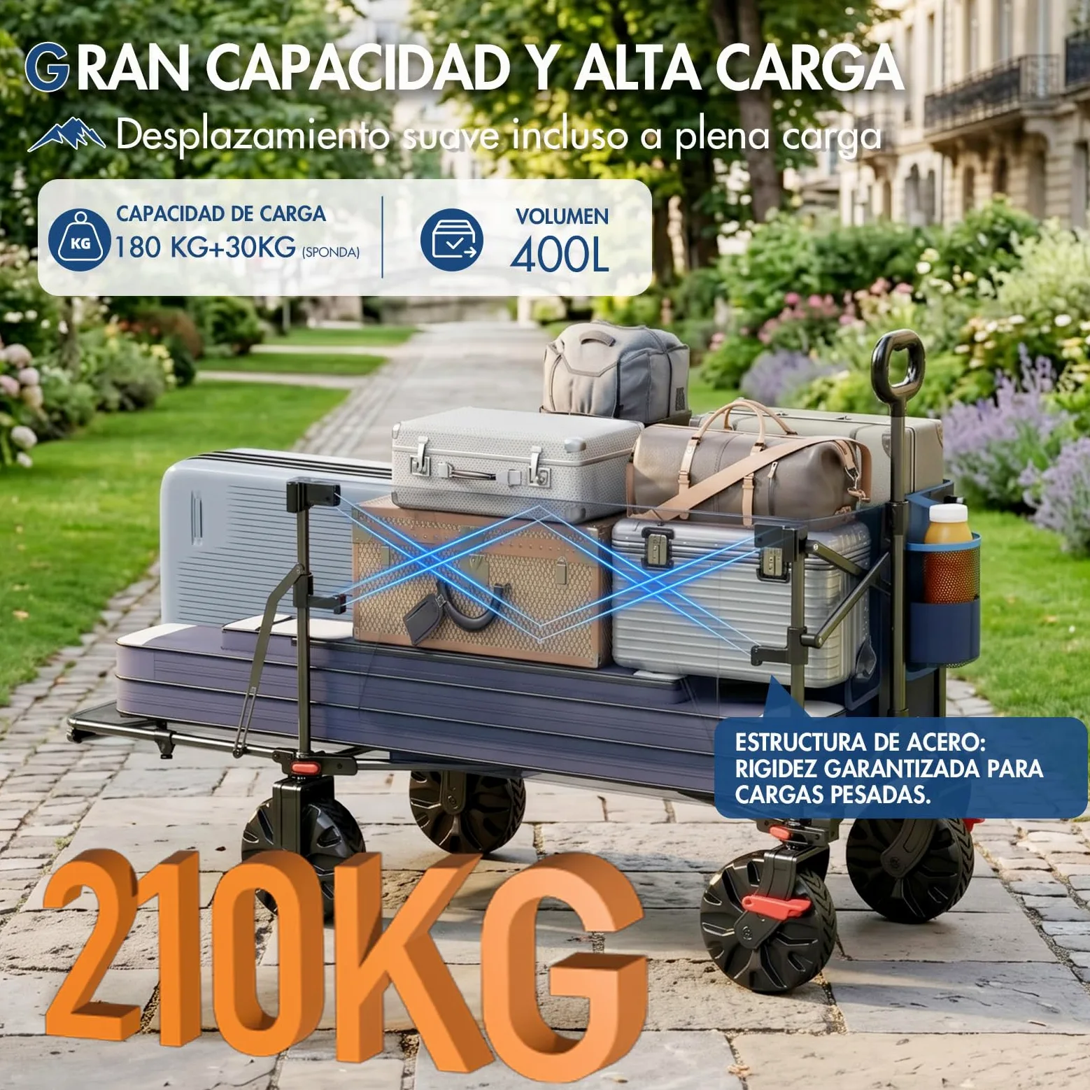 Portal Carro Playa Plegable XXL 400L – Carro Plegable de Playa con Ruedas Grandes y Portón Trasero Abatible, Capacidad 210 kg, con Freno – Vagón para Camping, Jardín y Festivales