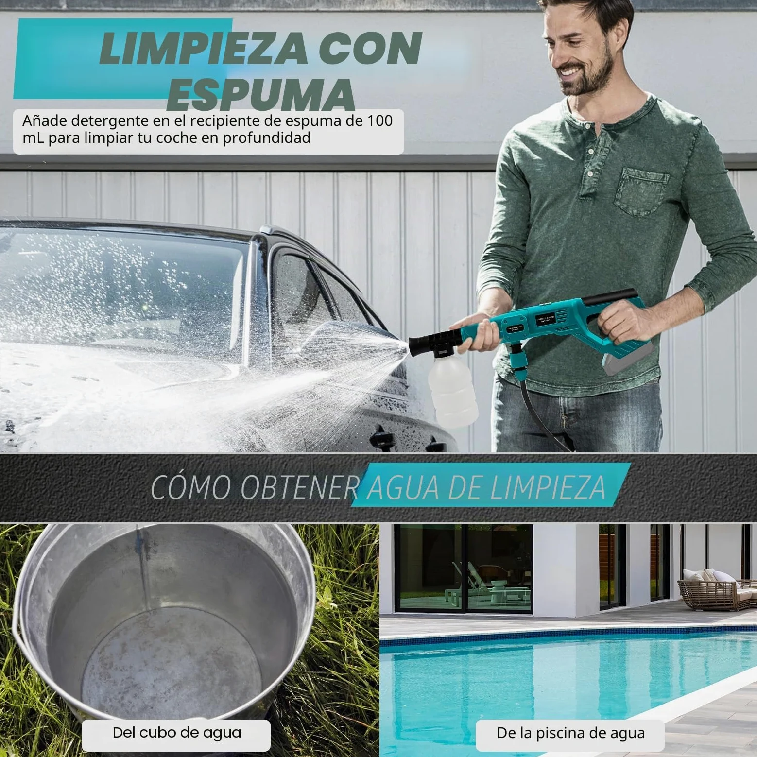 Roadtime Limpiador de Alta presión inalámbrico para Makita batería,Pistola de Limpieza portátil con línea de Agua de 5 m,Hidrolimpiadora Bateria con Boquilla 6 en 1 para Coches, Patios(sin batería)