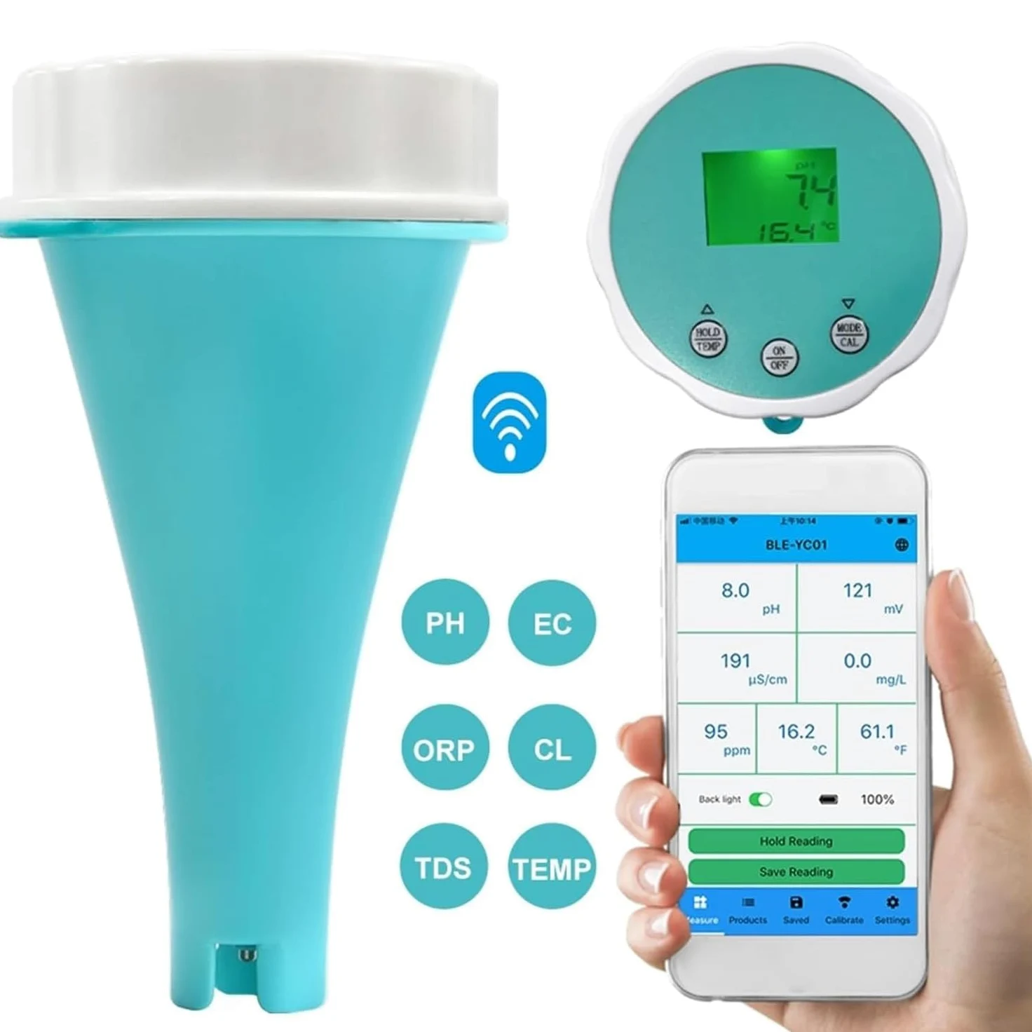 6 en 1 Probador agua con Bluetooth,comprobador PH/ORP/EC/TDS,comprobador cloro residual temperatura,comprobador agua monitor piscina inteligente flotante inalámbrico, for jardín/piscina/acuario