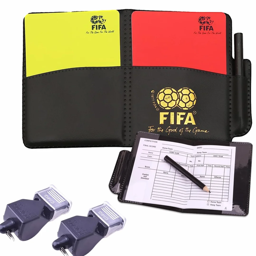 Set de árbitro de fútbol con tarjetas rojas y amarillas, 2 silbatos y cordón