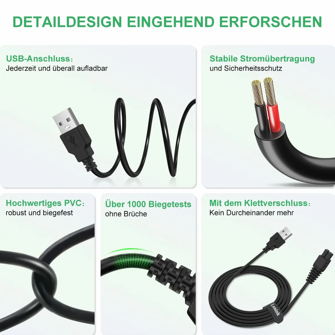 Lenink Cable de carga USB de repuesto de 100 cm, compatible con Gardena Set ClassicCut Li 9853, 9854, 9855 ComfortCut Li 9856, 9857, 9858 tijeras de césped (no compatible con batería Cut Li y conector