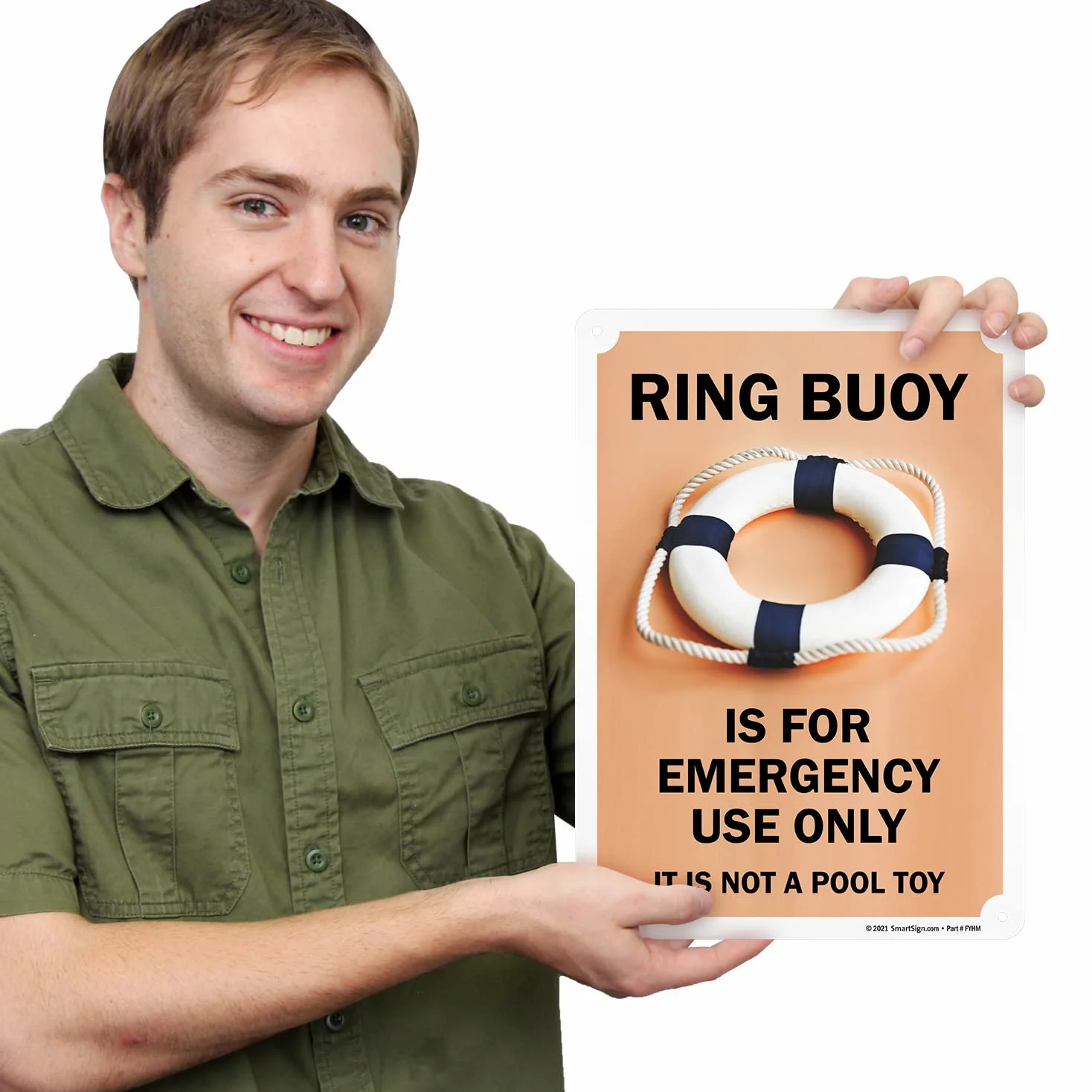 SmartSign Letrero de metal con texto en inglés "Ring Buoy For Emergency Use Only, Not A Pool Toy" de 35,5 x 25,4 cm, serigrafiado, aluminio laminado inoxidable de 40 mil, marrón, negro y blanco
