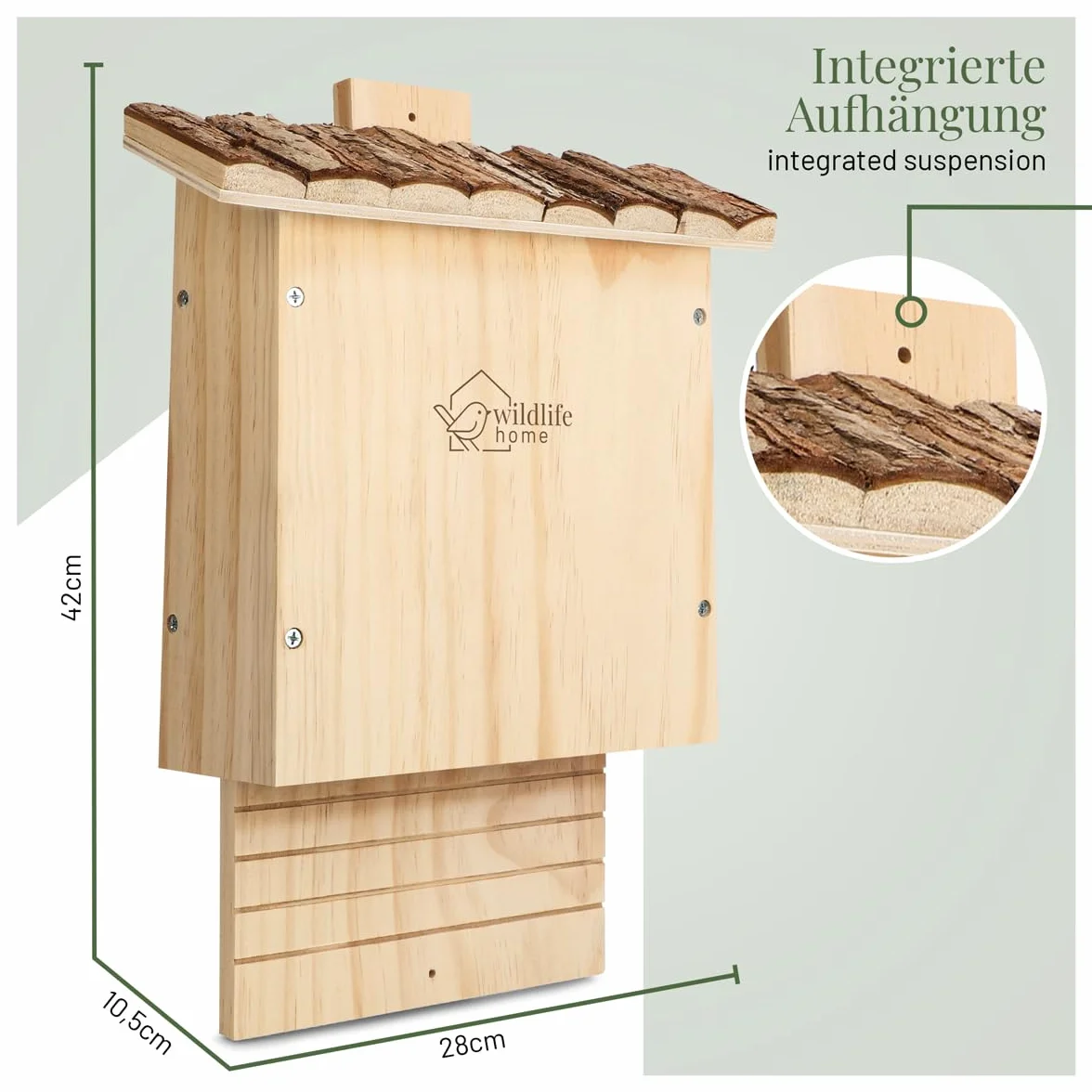 WILDLIFE HOME NABU - Caja para murciélagos pesada grande con tejado de corteza (montado y 100% resistente a la intemperie, atornillado, casa de murciélagos y nido, para verano e invierno)