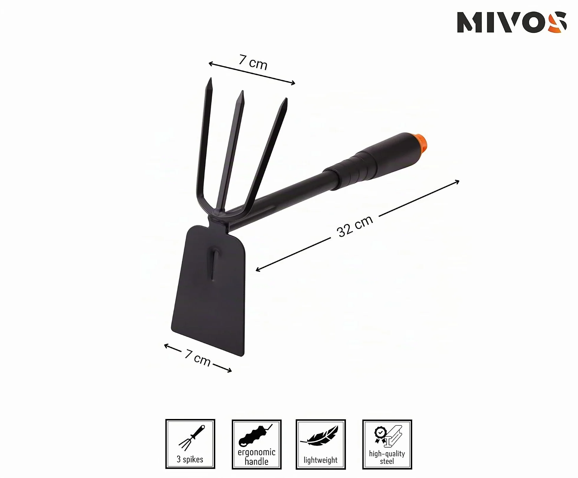 Mivos Azada doble de jardín Tridente para deshuesar y desherbar el suelo - Doble azada con 3 dientes - Azada de dos cabezas de metal para trasplante - Ancho 7 cm