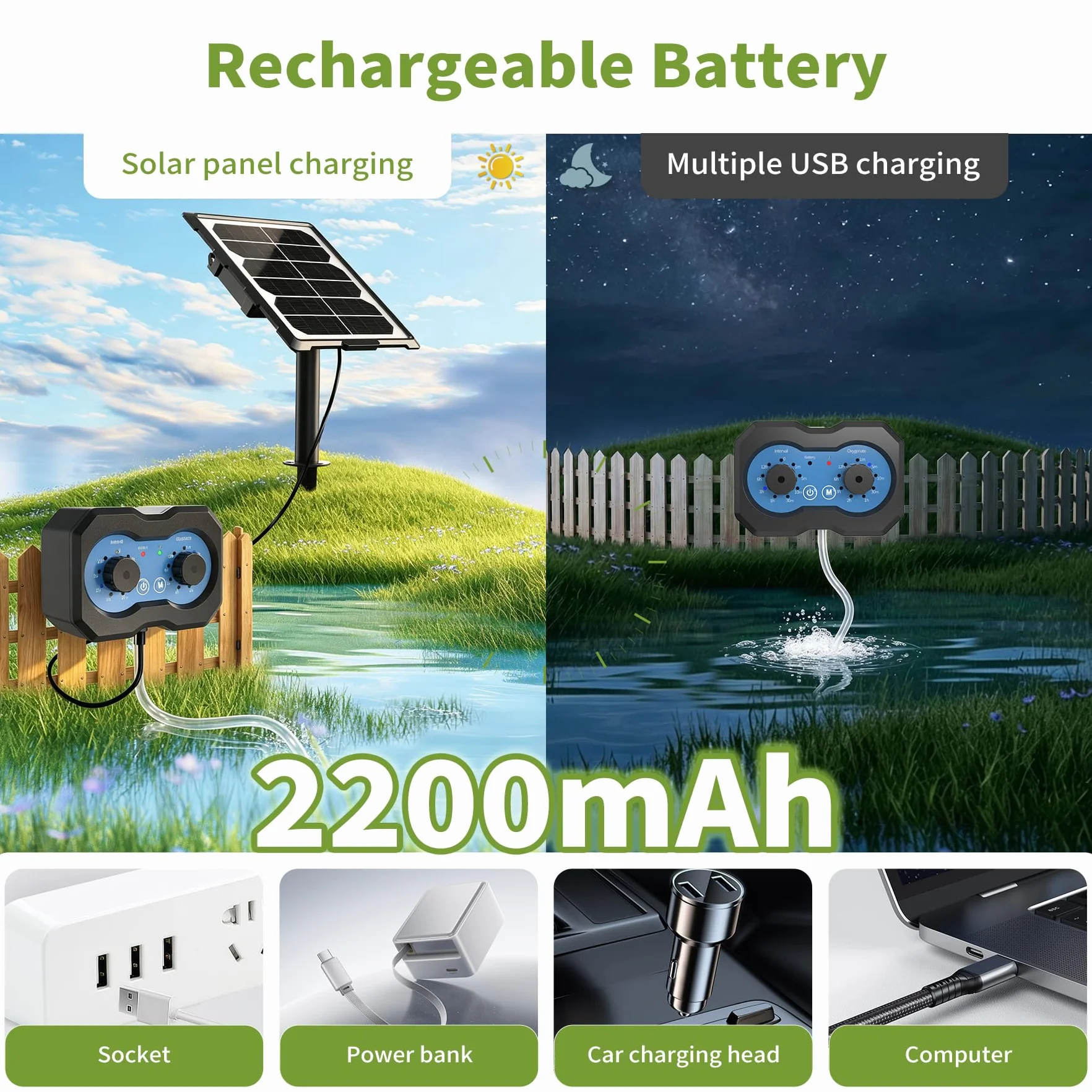 Forever Speed Aireador Solar para Estanque con Batería, 146 Modos Ajustables Bomba de Oxígeno Solar Recargable para Pequeño Estanque, Bomba de Oxígeno Aire Solar Doble Recarga Solar y USB | Aireador Solar para Estanque con Batería 2200mAh con 146 Modos Aj