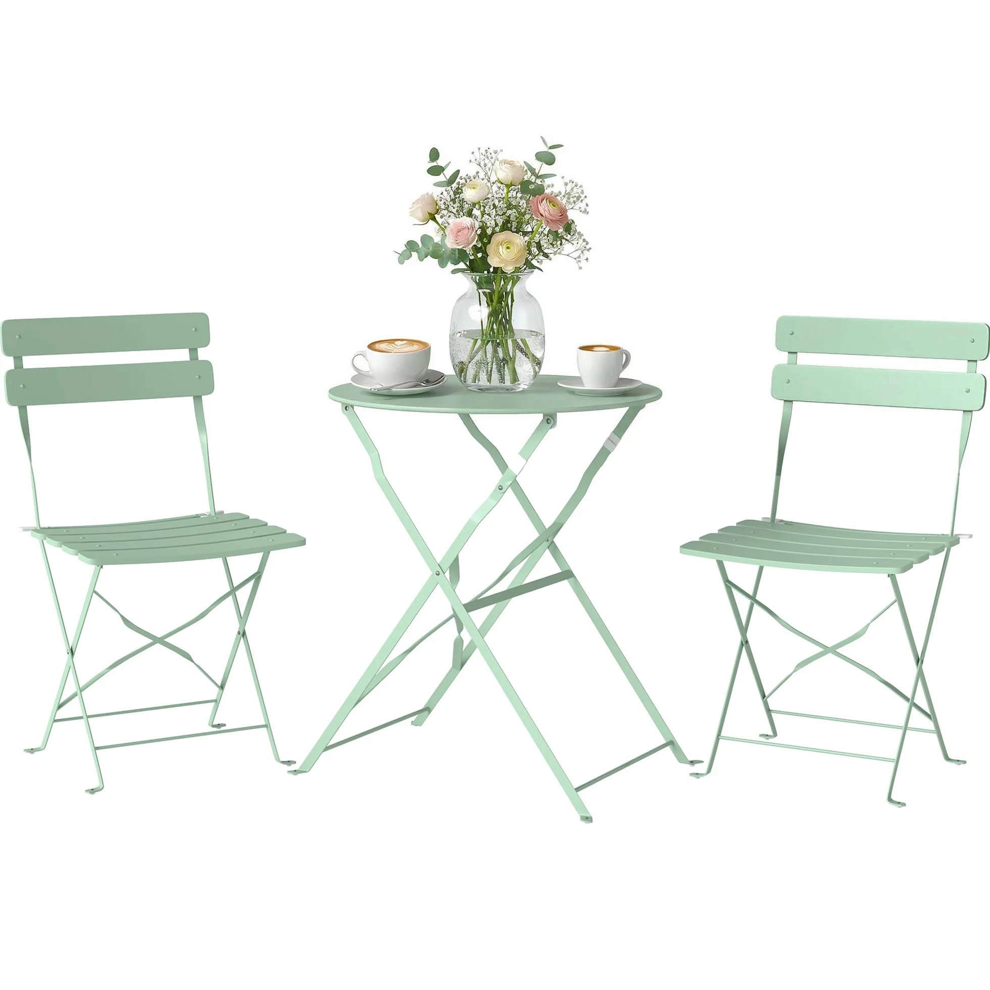 Outsunny Conjunto de Mesa y Sillas de Terraza Exterior Plegable 3 Piezas, Muebles de Jardín Exterior con 2 Sillas Plegables, Mesa Redonda, Estructura Metálica Electrofórica para Patio, Balcón, Verde