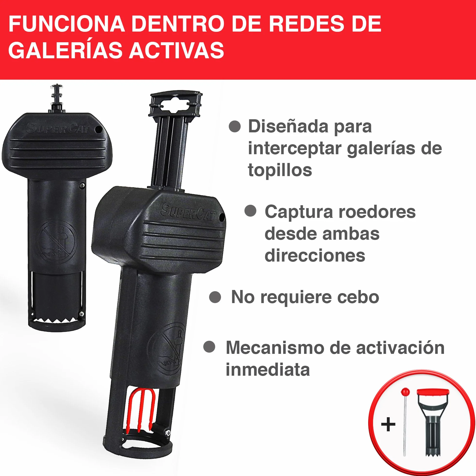 SWISSINNO Trampa para Topillos con Sonda SuperCat Incluida – Trampa Mecánica para Roedores Subterráneos, Control de Jardín, Reutilizable, Instalación en Túnel Vertical – 2 Trampa + 1 Sonda