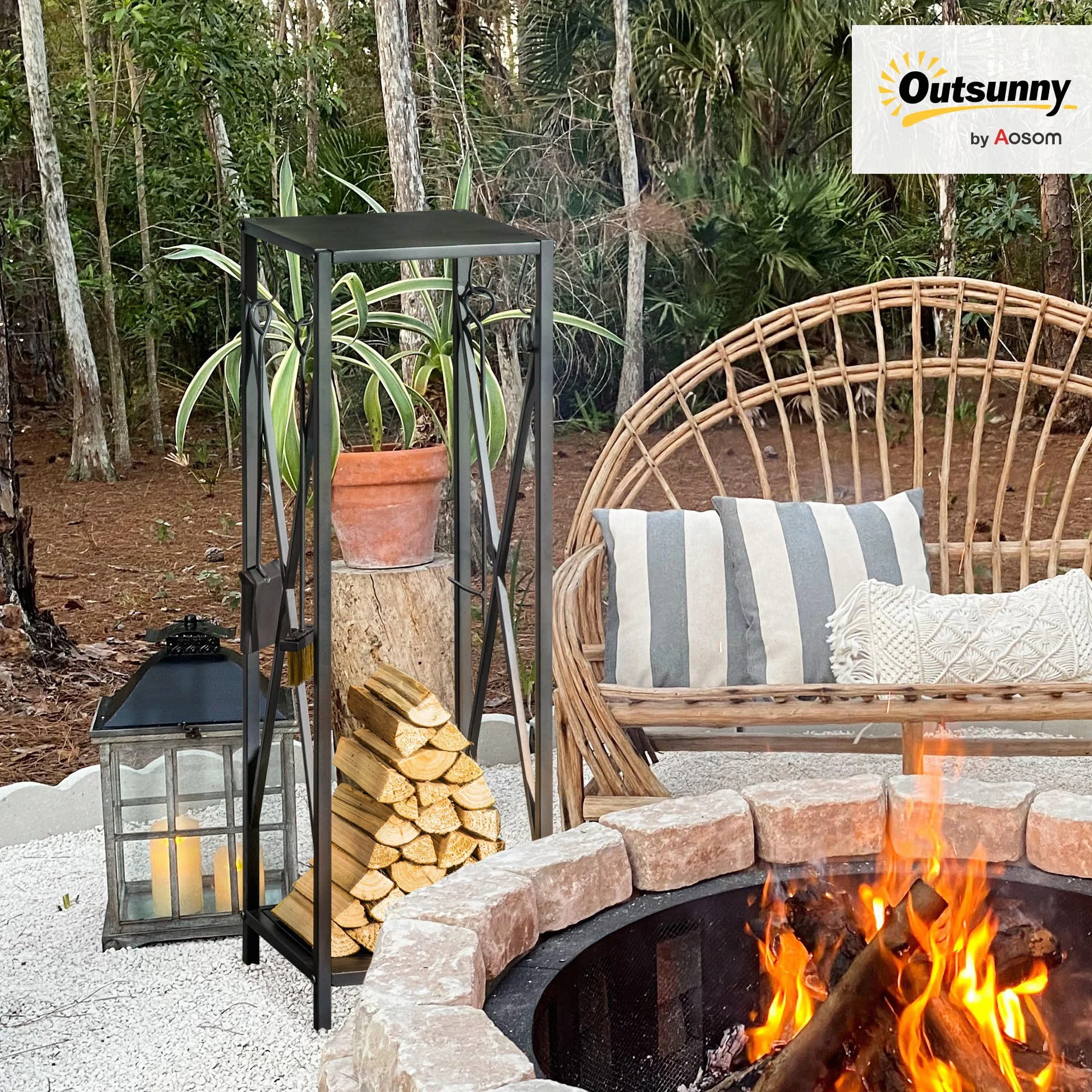 Outsunny Soporte para Leña Estante de Leña Metálico Leñero de Exterior con Ganchos Pala Cepillo Atizador y Tenazas Carga 65 kg para Interior y Exterior 34x34x111 cm Negro