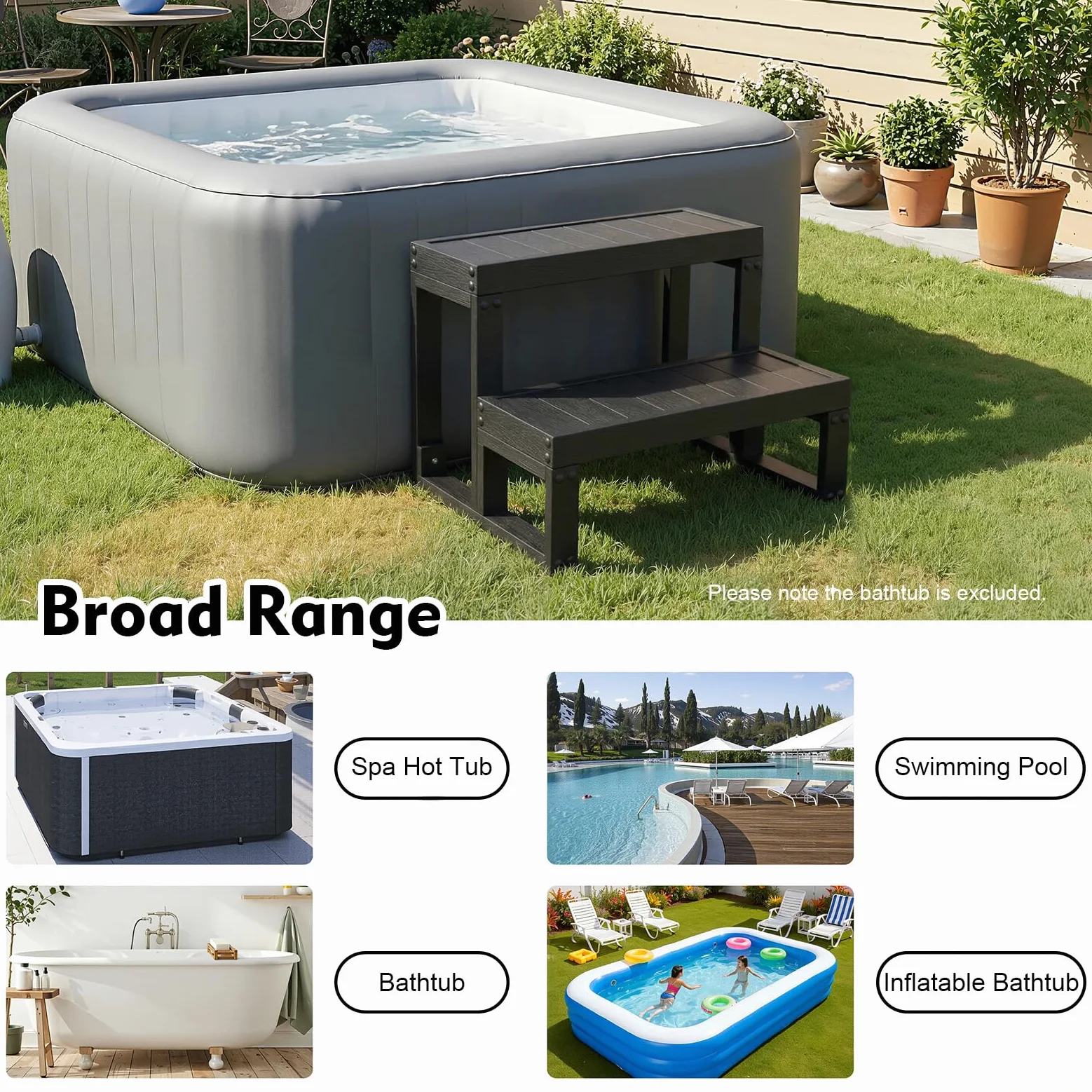 2 escalones para bañera de hidromasaje, escalones para bañera de hidromasaje, 60 x 27 cm, jacuzzi para exteriores, antideslizantes, accesorios para bañera de hidromasaje, adecuado para baño y