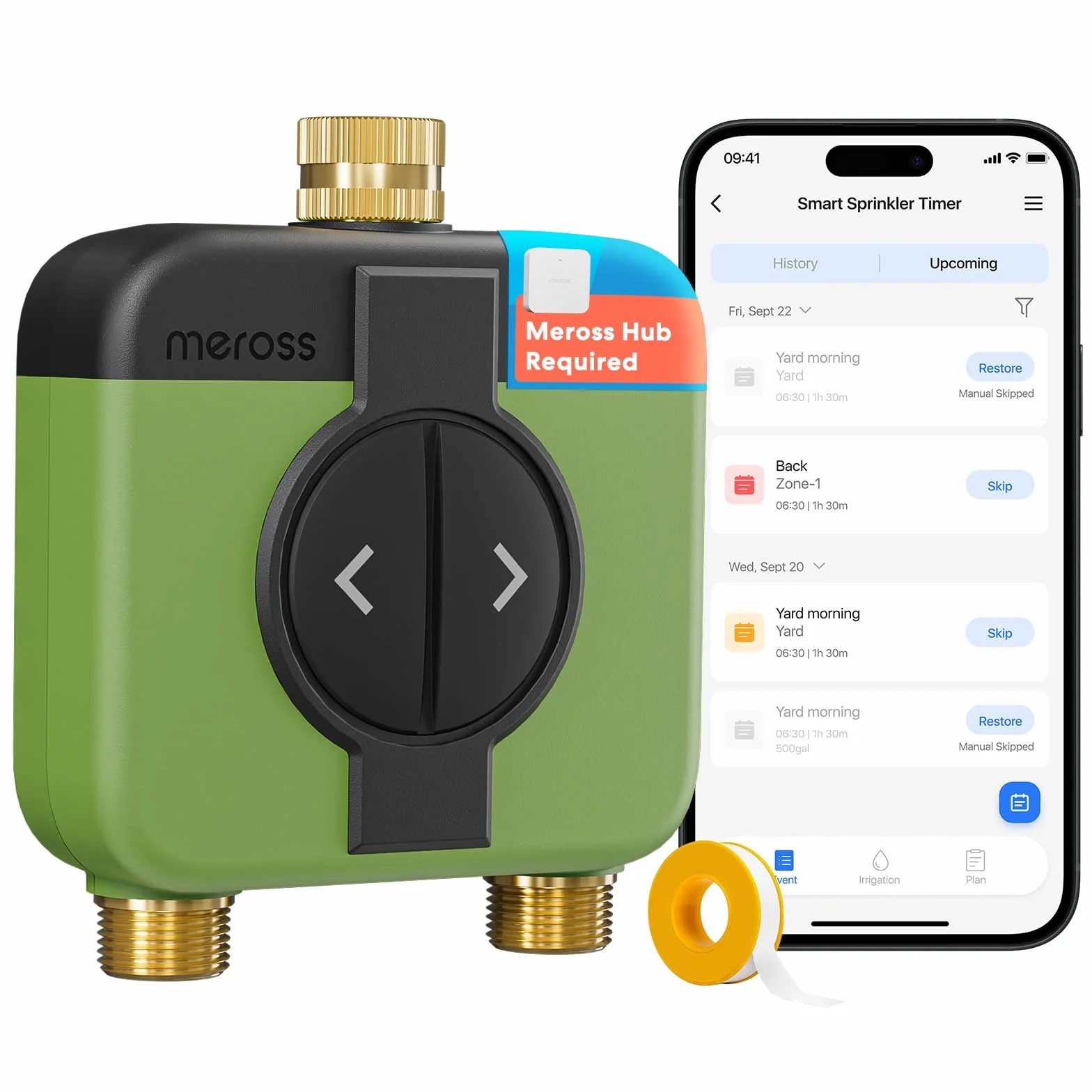 Meross Programador Riego WiFi 2 Salidas MST200 | Hub MSH450/MSH400 Requerido | Riego Automatico & Retraso Lluvia | Contador Agua y Control Remoto Exterior | Compatible con HomeKit, Alexa y Google Home