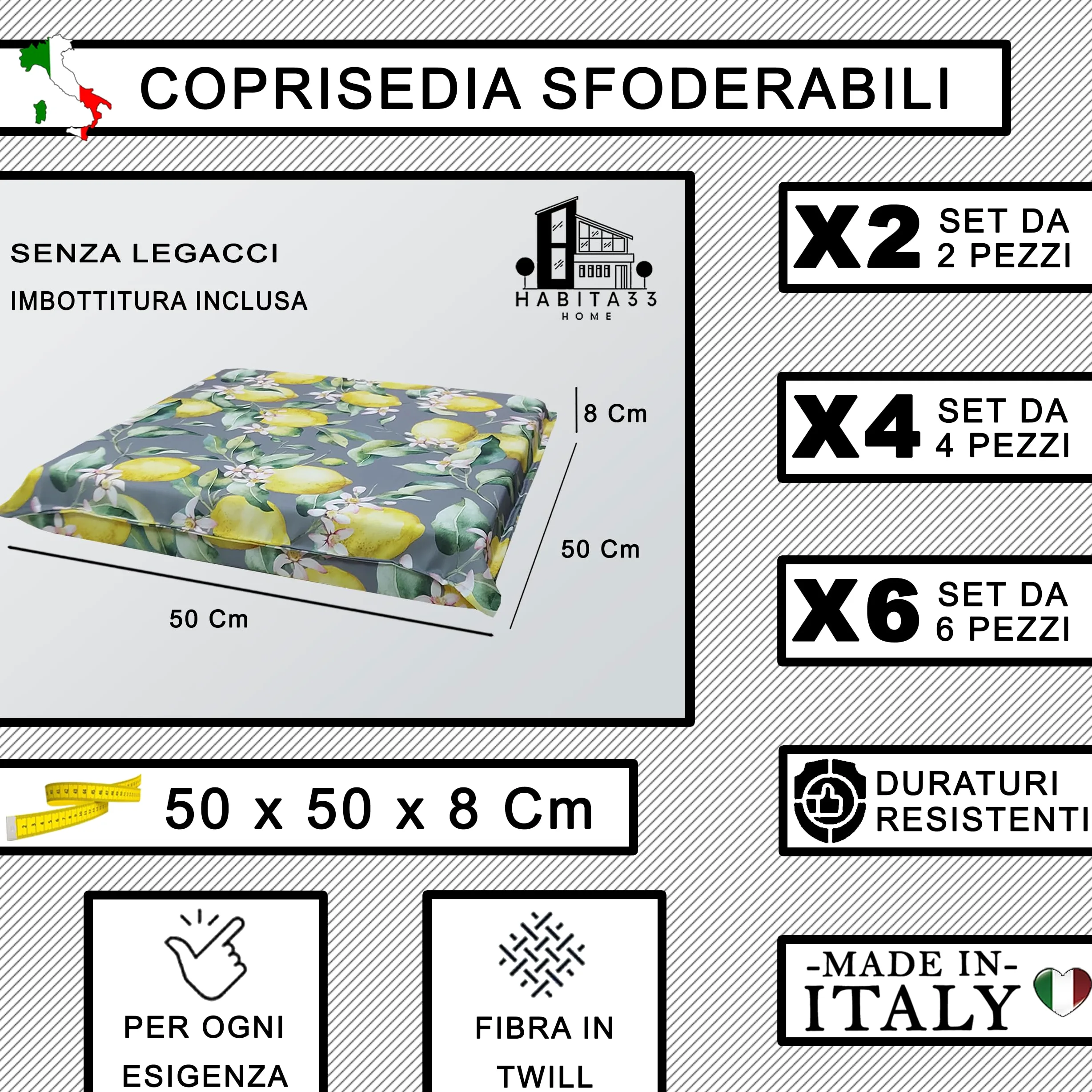 Cojines para Sillas de Jardín – Set de 4 (50x50x8 cm) – Fundas con Cremallera Desenfundables y Lavables – Asiento Cómodo para Exteriores – Fabricación Italiana (4, Lemon Flower)