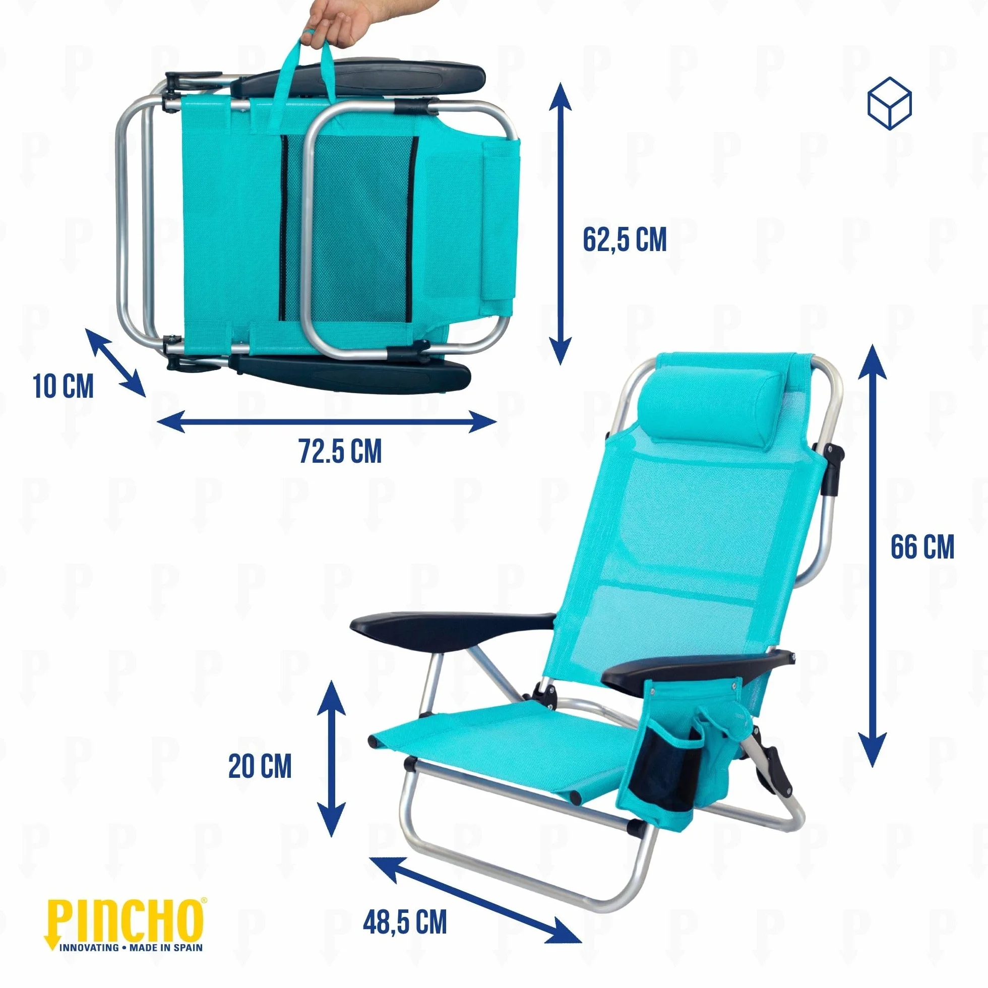 Pincho Silla de Playa Plegable 4 Posiciones Plegable con Cojin Ajustable y Bolsillos Portaobjetos Estructura de Aluminio Tejido Transpirable Resistente hasta 110 kg