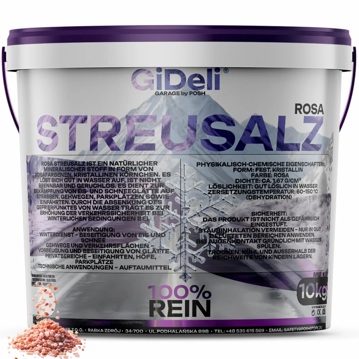 GiDeli Sal grande para deshielo en cubo, 10 kg, color rosa, contra hielo y nieve, sal de deshielo apta para animales para invierno, sal para nieve, eficaz contra la suavidad