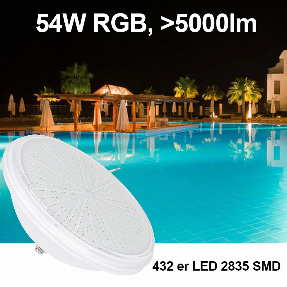 Pool Par56, iluminación de piscina RGB de 54 W con control remoto, foco subacuático, luz de piscina LED de 12 V CA/CC, resina lámpara de piscina plana para PC, impermeable IP68