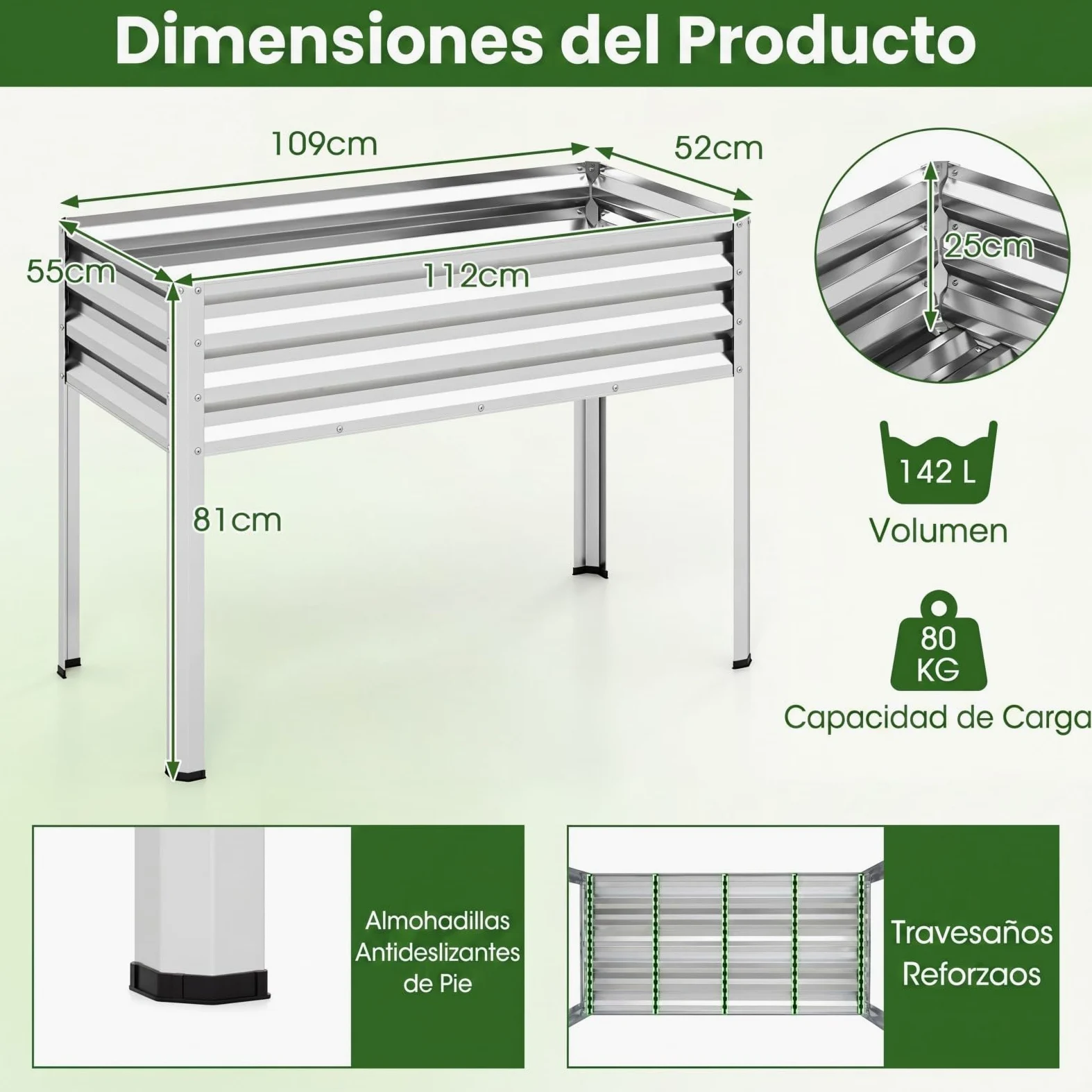 COSTWAY Huerto Urbano Terraza, Cama Elevada de Jardín de Metal con Recubrimiento Electroforético y Orificios de Drenaje, Jardinera Exterior Grande para Verdura, Flor, Fruta, 112x55x81 cm (Plateado)