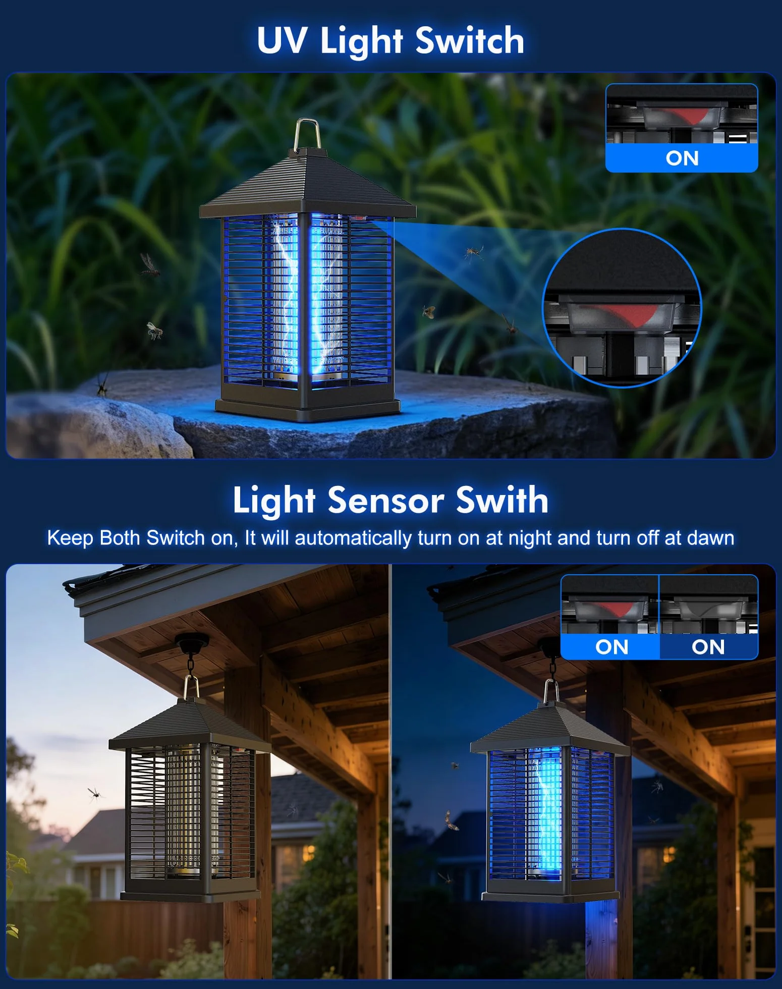 Lampara Antimosquitos Electrico 18W, 4000V Smart Auto Trampa Eléctrica De Insectos Voladores, Matamoscas 80 ㎡ Cobertura Uso Interior Y Exterior, Terraza, Patio Trasero, Campamento, Hogar