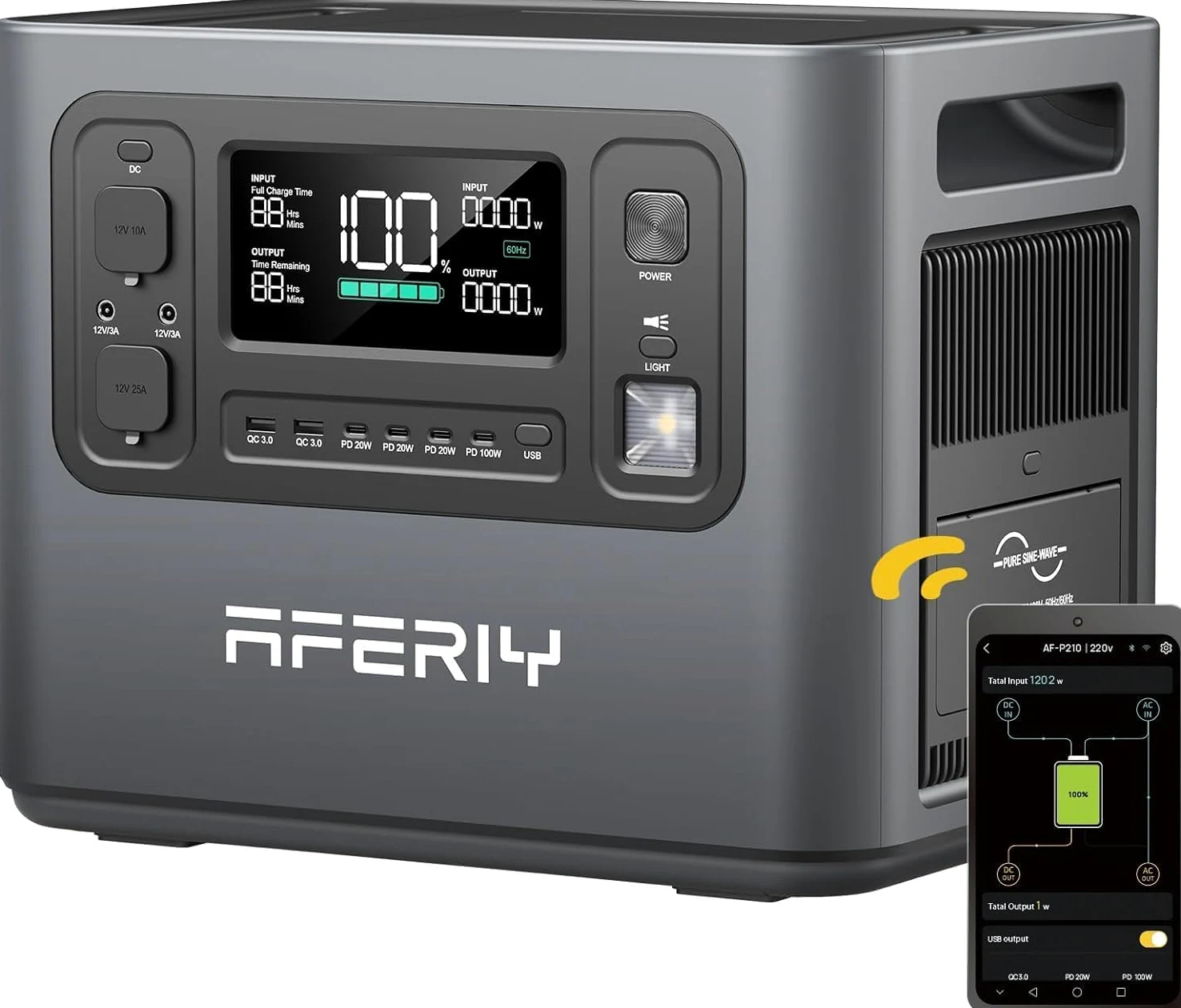 AFERIY Generador Eléctrico Portátil 2400 W, 2048 Wh LiFePO4 Batería De Emergencia, Carga Rápida En 1,5 H, Enchufe De La UE 220-240 V, UPS, Generador Eléctrico Solar Para Camping, Hogar, Oficina