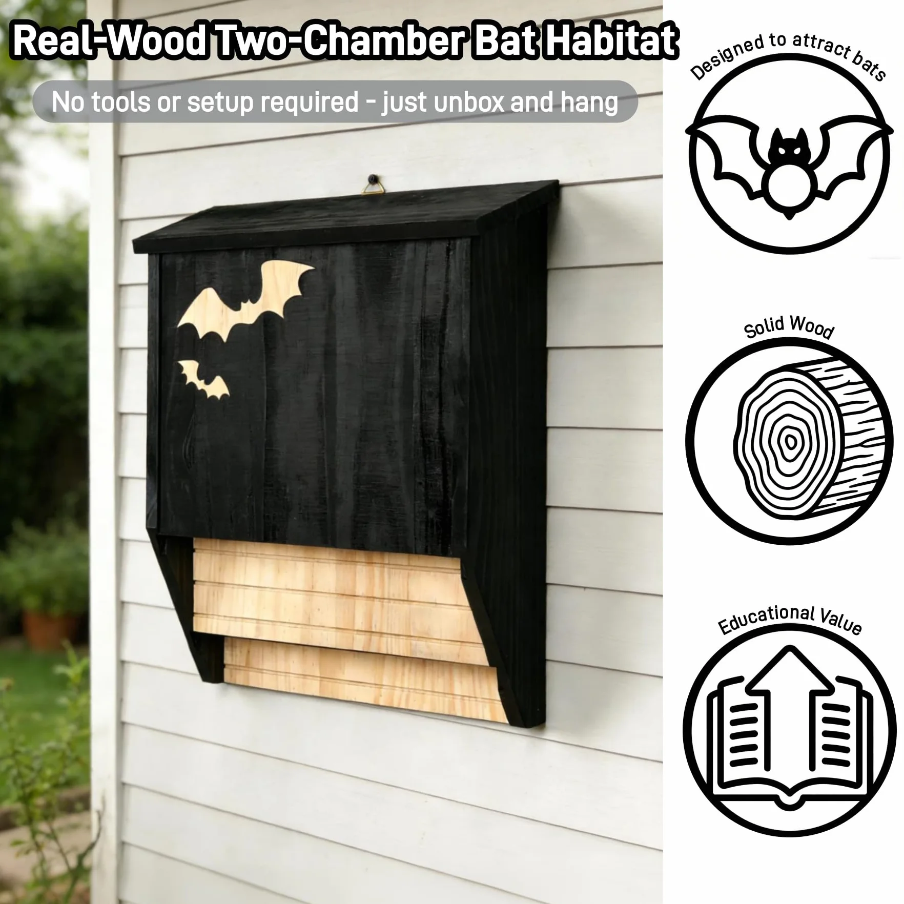 Caja para murciélagos de madera, doble cámara, resistente a la intemperie, casa de murciélagos y nido, listo para montar, caja de refugio para murciélagos en verano e hibernación, color negro