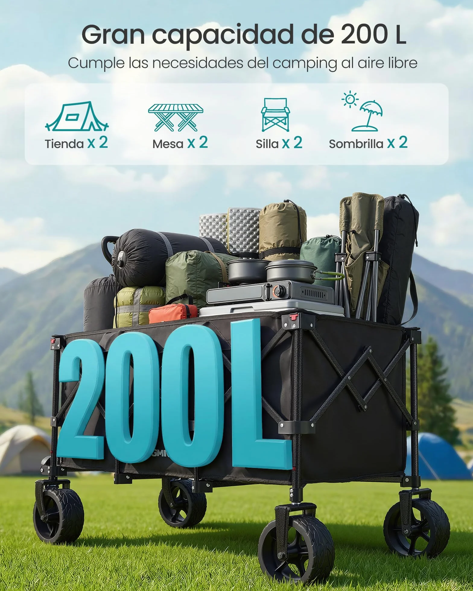 SONGMICS Carro de Mano Plegable con Asa, 4 Ruedas Desmontables, Carro de Jardín para Exterior, Playa, Camping, Carga de 150 kg, 200 L, Negro Tinta GFW200B01