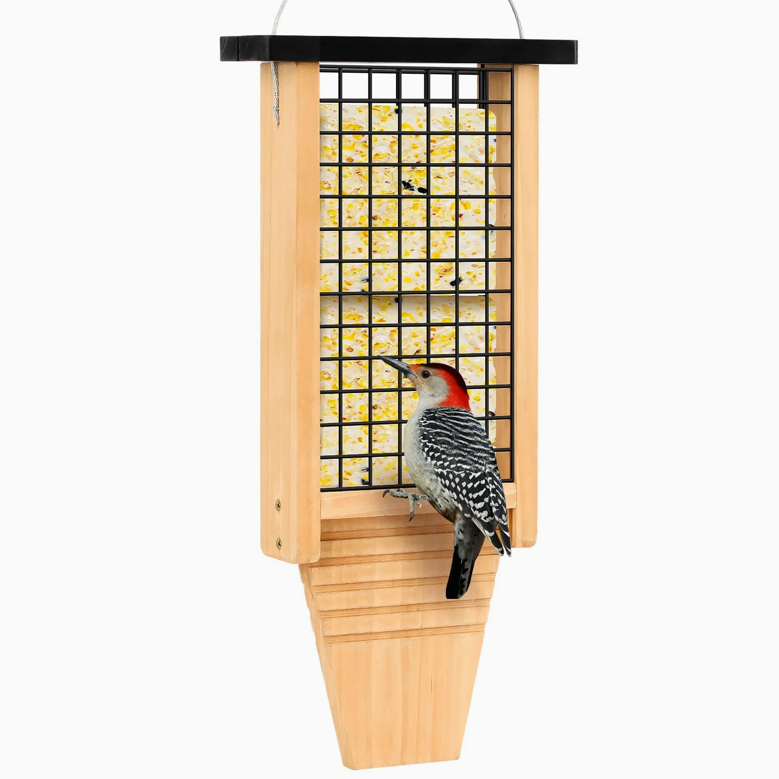 Gbekery Comedero de madera para pájaros para colgar en el exterior, comedero de sebo para pájaros carpinteros con accesorio de cola, comedero colgante para pájaros silvestres, 1 paquete, color negro