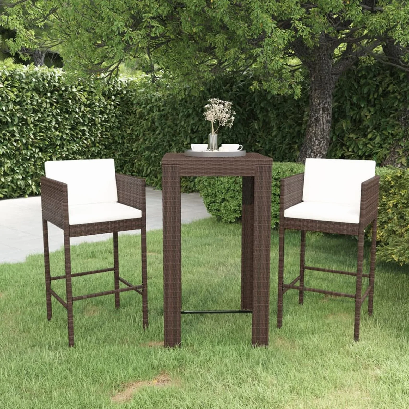 Festnight Set Muebles de Bar de Jardín 3 Piezas, Conjuntos de Ratán con Cojines, Mesa y Sillas de Bar, Mesa y Sillas Alta Jardín Terraza, Muebles Jardín Exterior de Ratán, Marrón Type 2